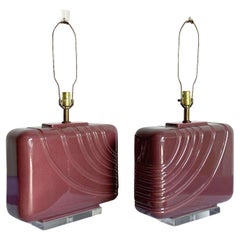 Postmodern Purple Ceramic and Lucite Oversized Table Lamp - a Pair