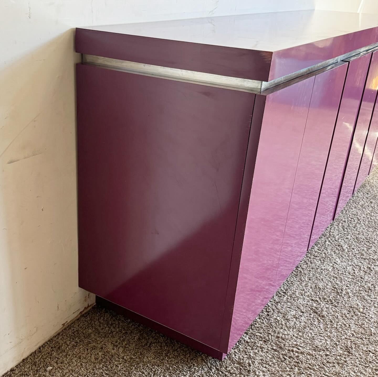 Post-Modern Postmodern Purple Lacquer Laminate and Brushed Metal Credenza