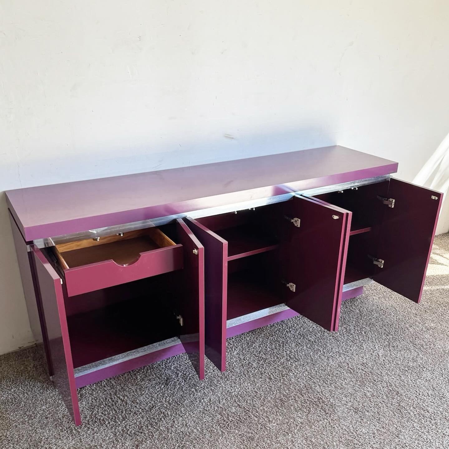 American Postmodern Purple Lacquer Laminate and Brushed Metal Credenza