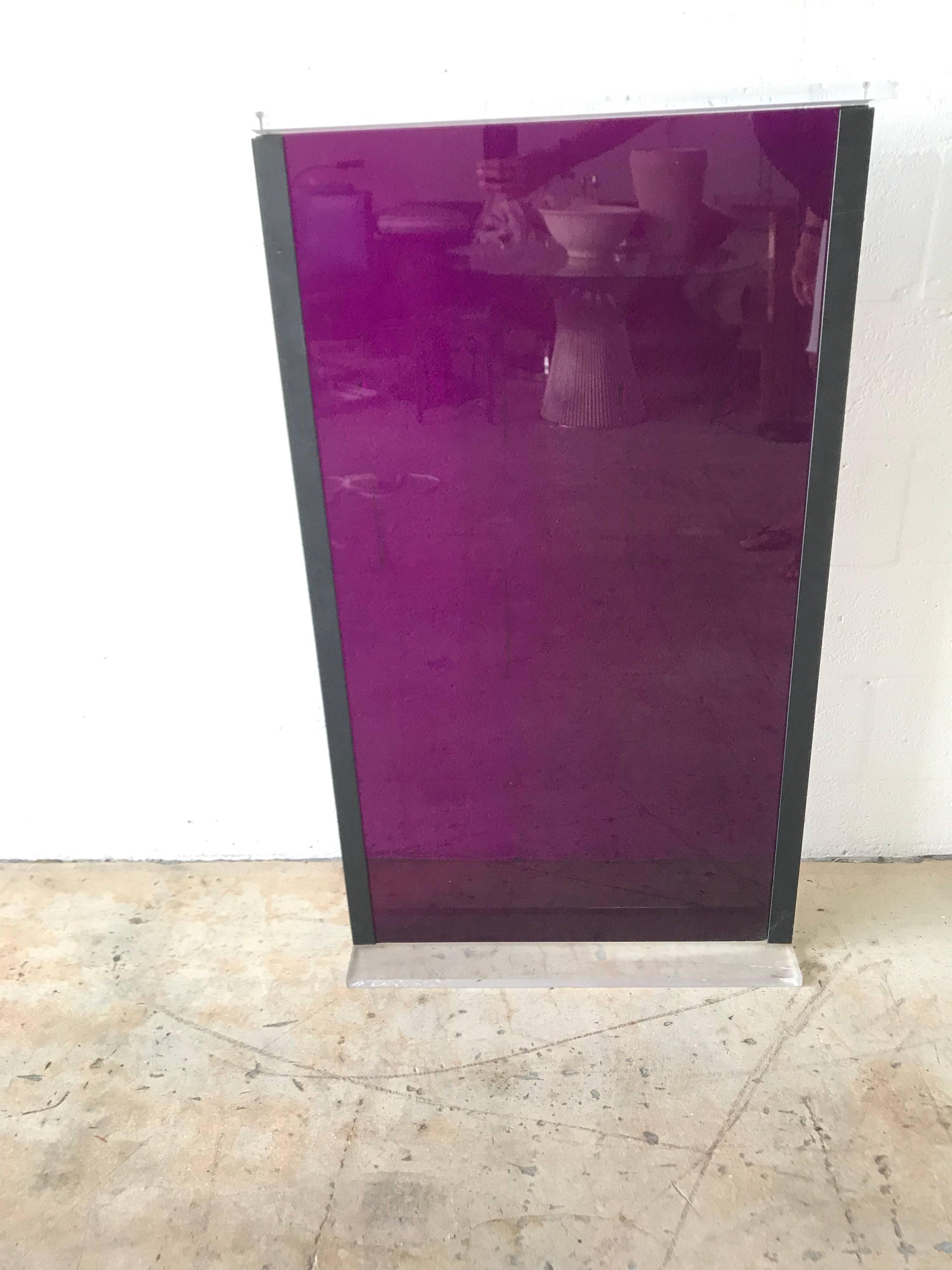 Postmodern Display Pedestal rendered in purple and clear Lucite with a black steel frame, from the original Versace store in Miami Beach