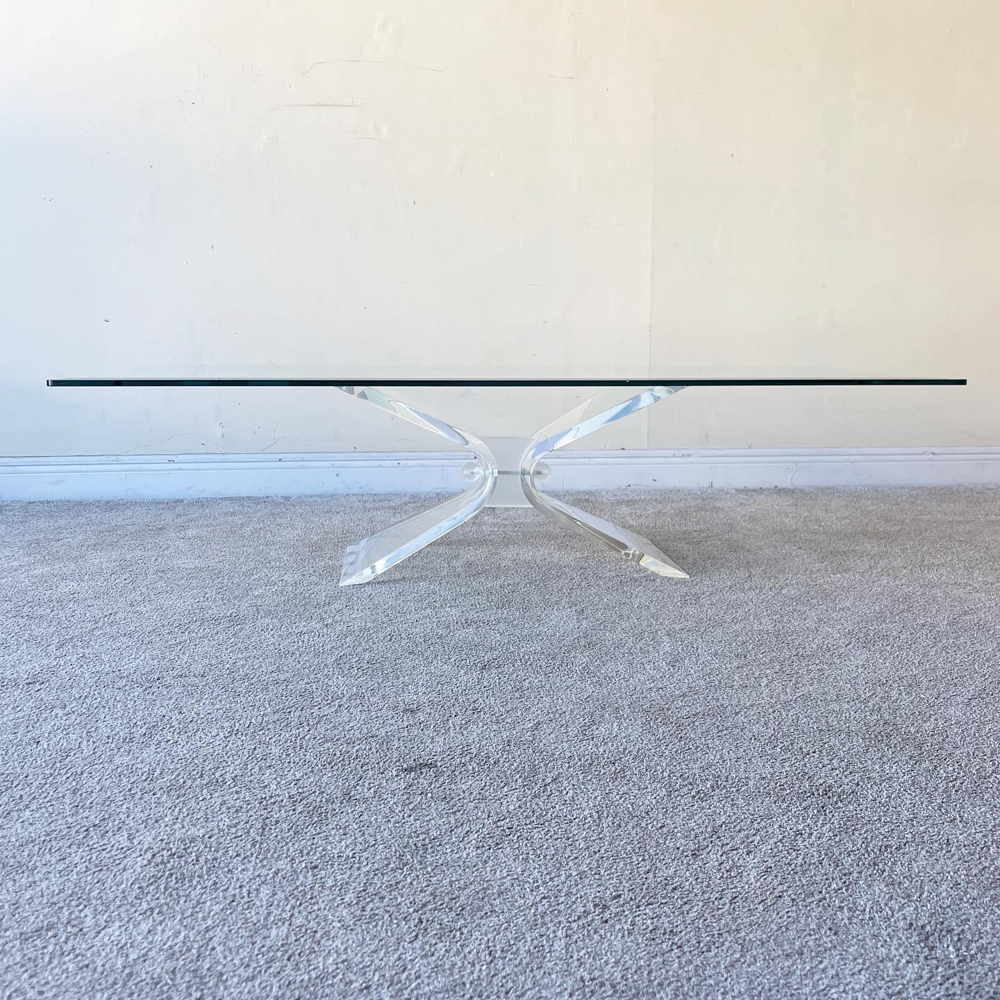 Post-Modern Postmodern Rectangular Beveled Glass Top Lucite Base Coffee Table