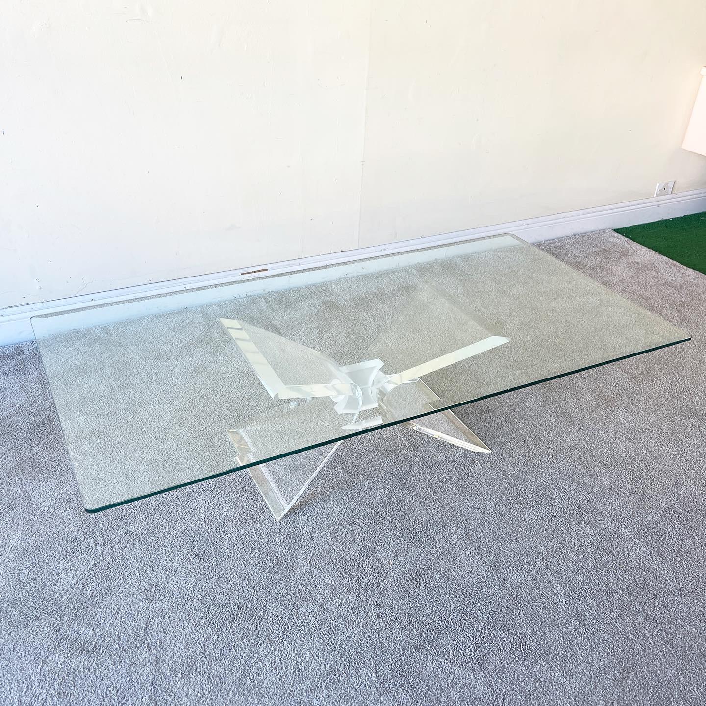 Late 20th Century Postmodern Rectangular Beveled Glass Top Lucite Base Coffee Table