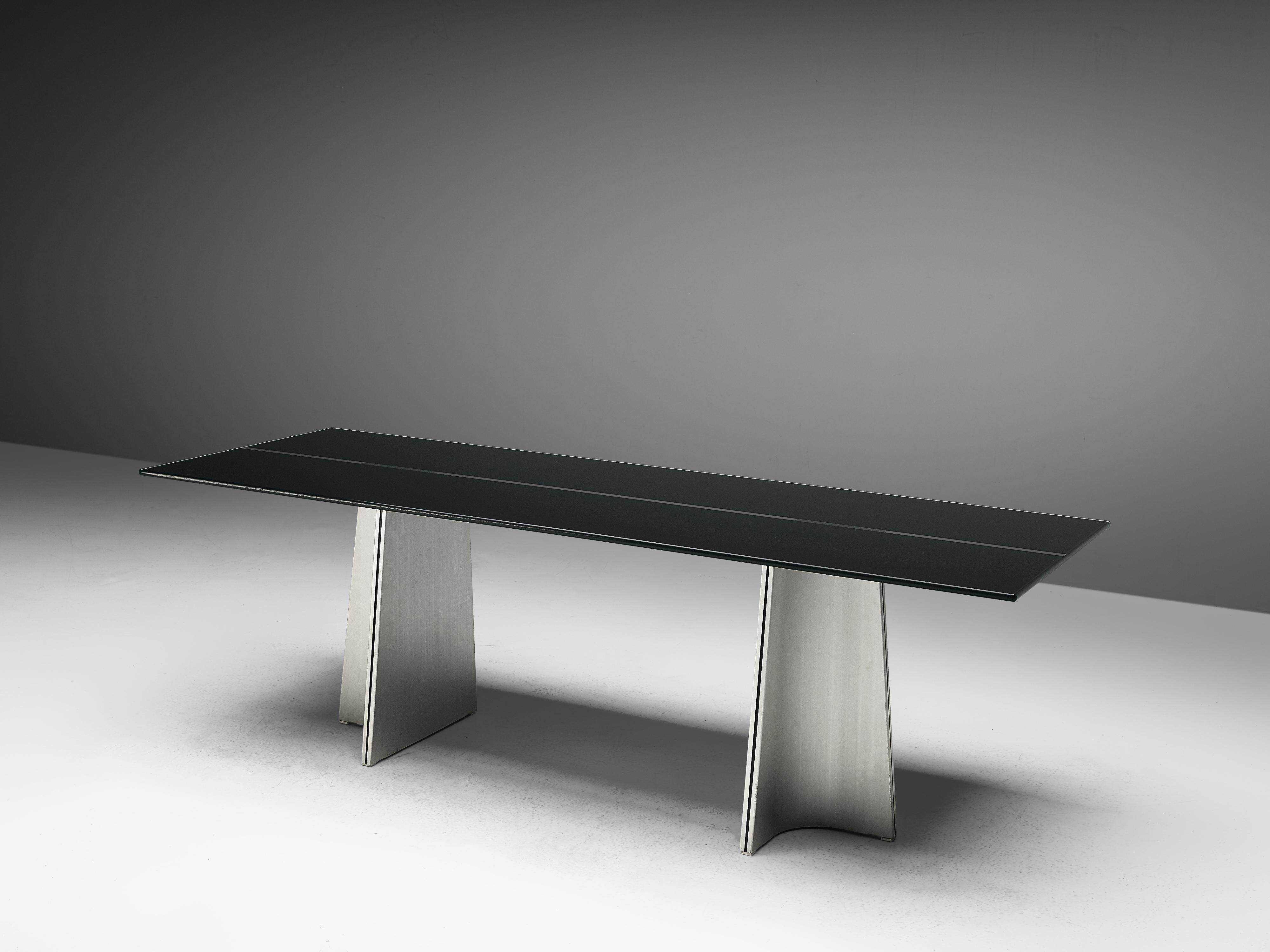Italian Postmodern Rectangular Dining Table ‘Ufo’ in Metal and Glass by Luigi Saccardo