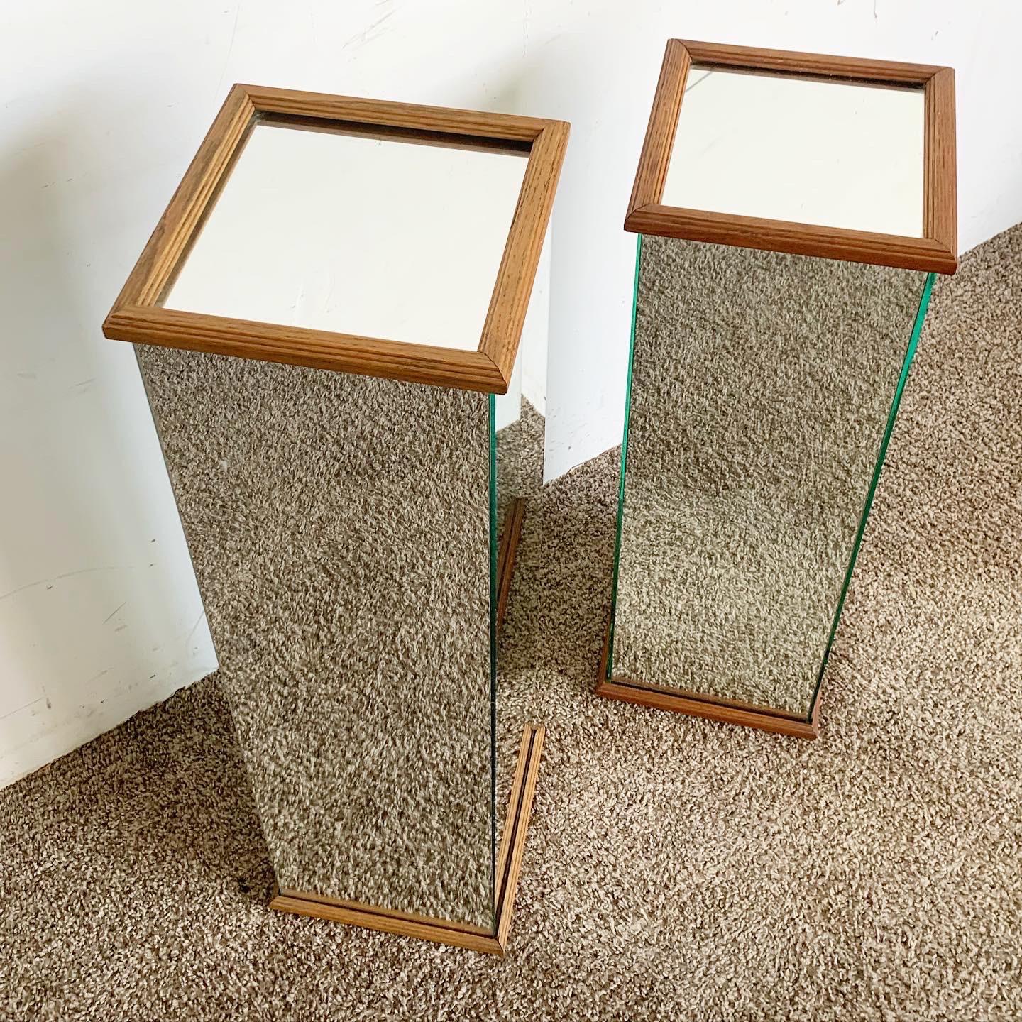 Post-Modern Postmodern Rectangular Prism With Wooden Trim Pedestal Side Tables - a Pair For Sale