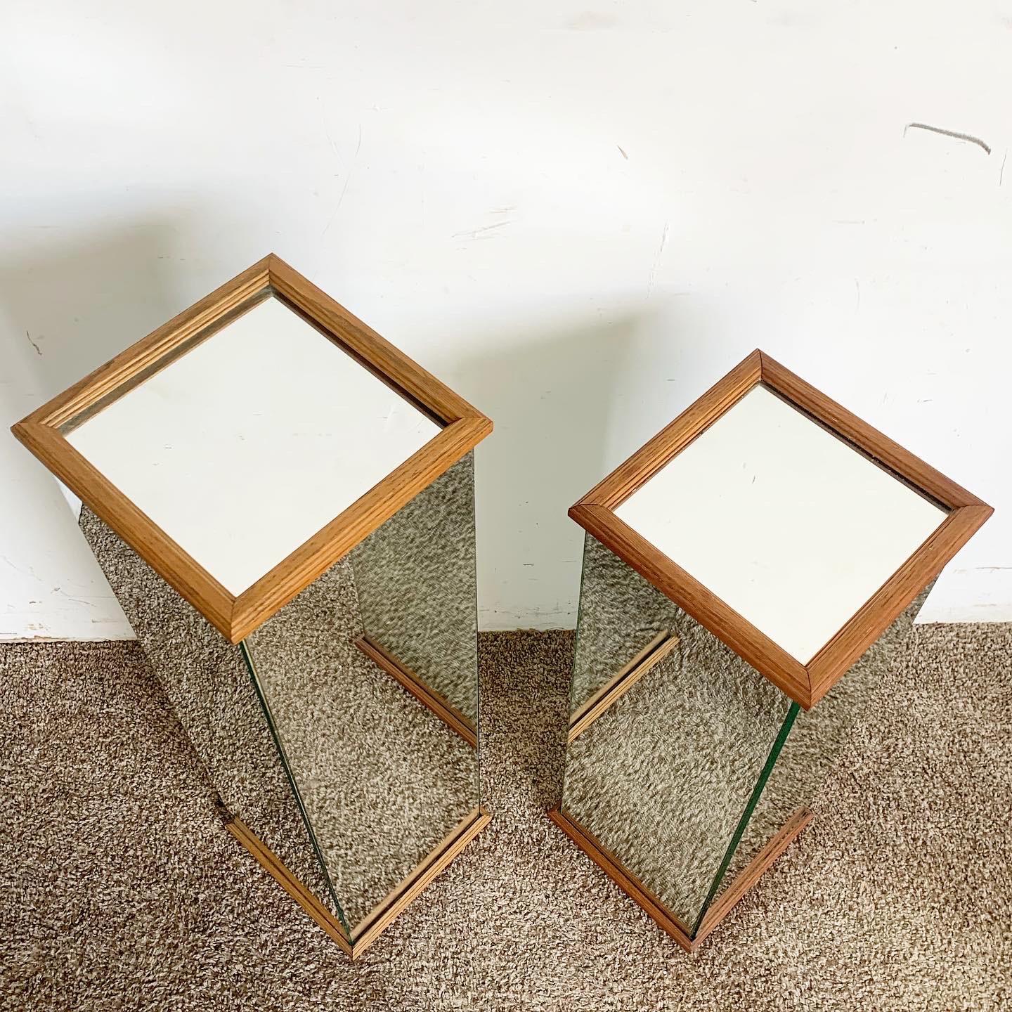 Postmodern Rectangular Prism With Wooden Trim Pedestal Side Tables - a Pair In Good Condition For Sale In Delray Beach, FL