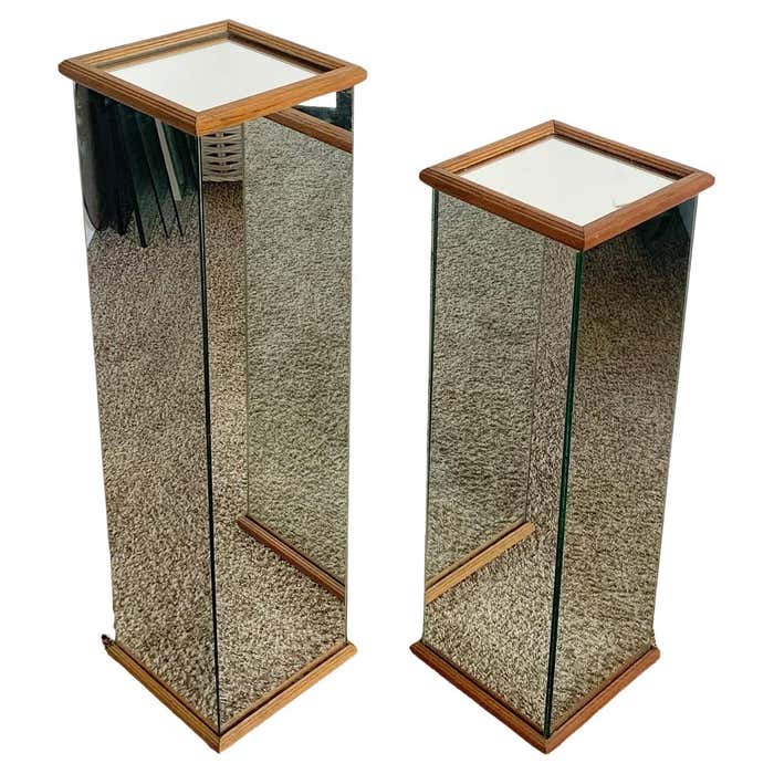 Postmodern Rectangular Prism With Wooden Trim Pedestal Side Tables - a ...