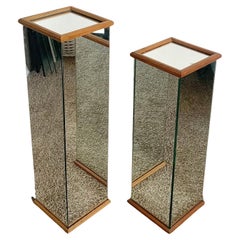 Retro Postmodern Rectangular Prism With Wooden Trim Pedestal Side Tables - a Pair