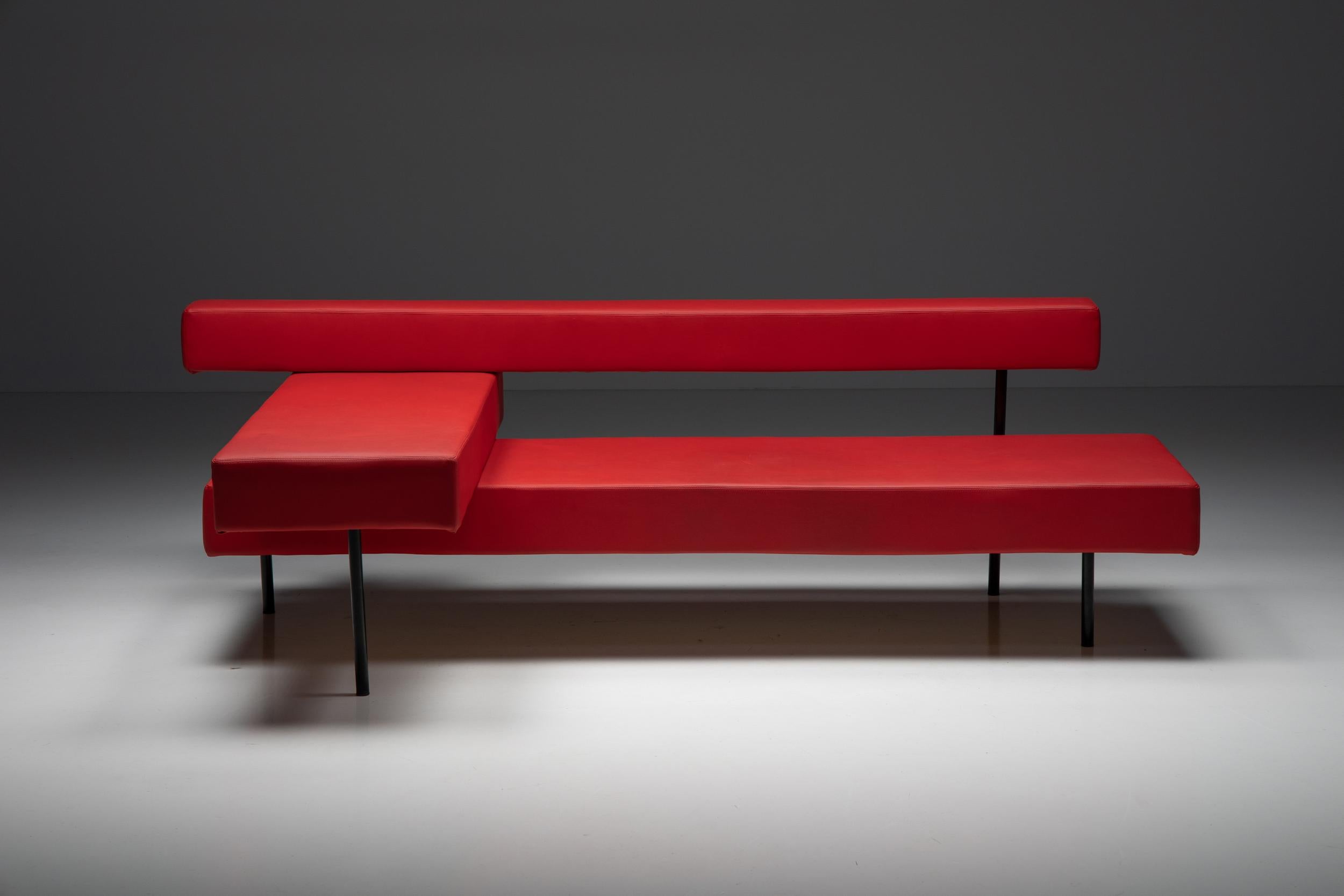 Postmodern Rectangular Red Architectural Sofa, Belgian design, unique prototype, early 21st century, faux-leather

This postmodern architectural prototype has a metal base and three red faux-leather elements that make up the armrest, backrest, and