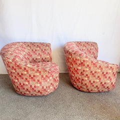 Postmodern Red and Gold Fabric Sculpted Swivel Arm Chairs - A Pair