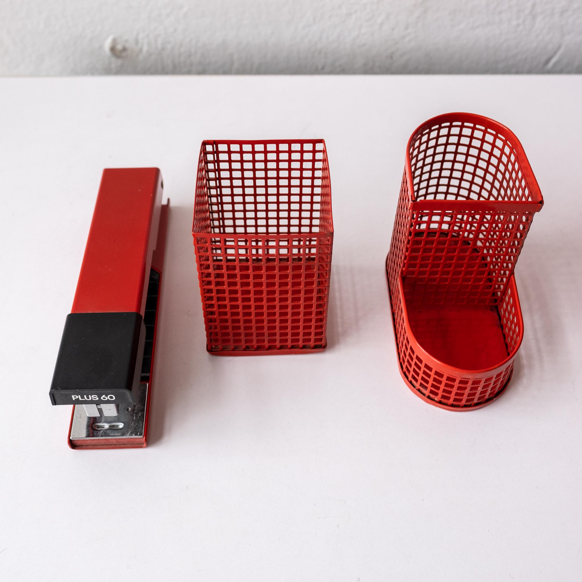 Postmodern Red Japanese Perforated Metal Letter Tray Desk Set 1980s 5