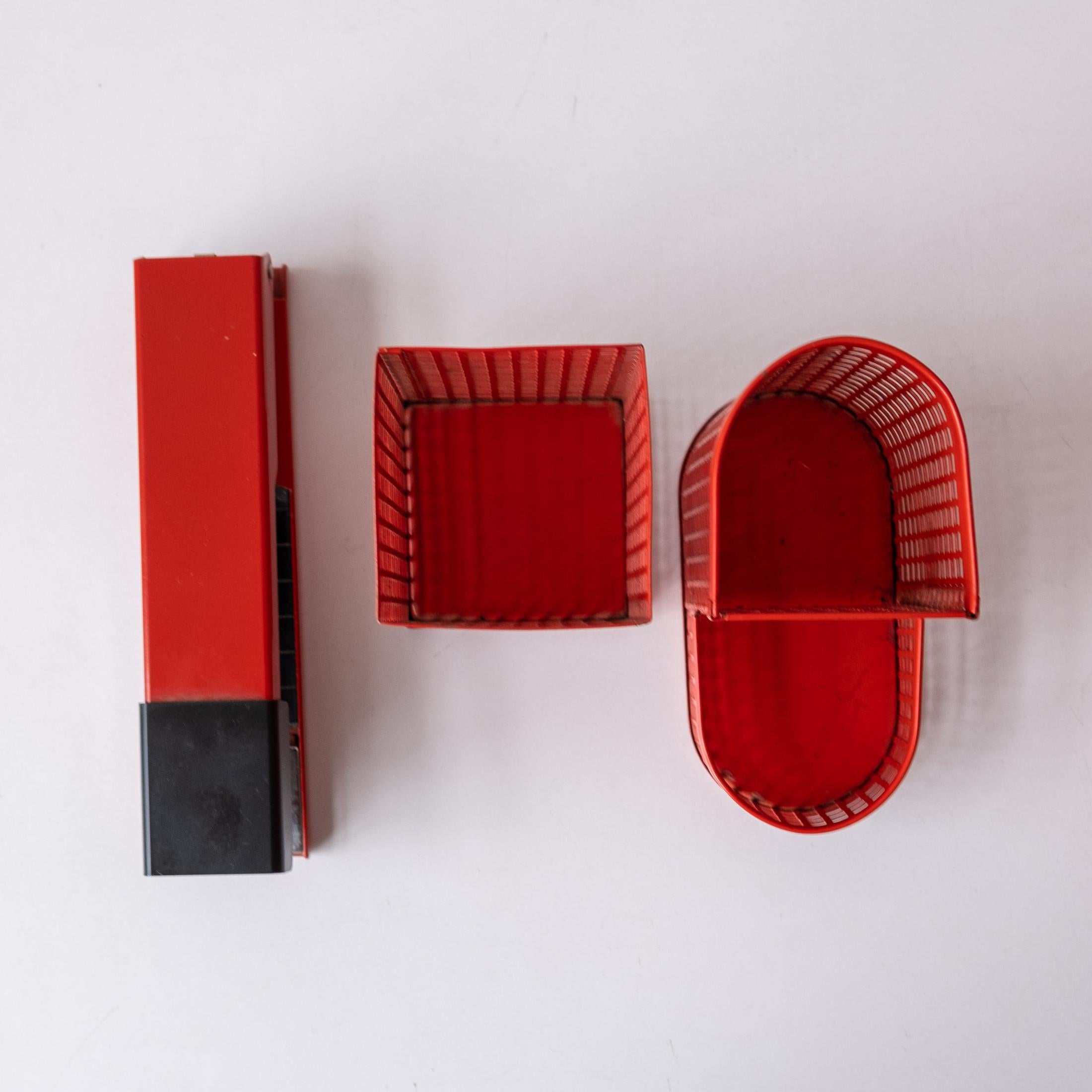 Postmodern Red Japanese Perforated Metal Letter Tray Desk Set 1980s 6