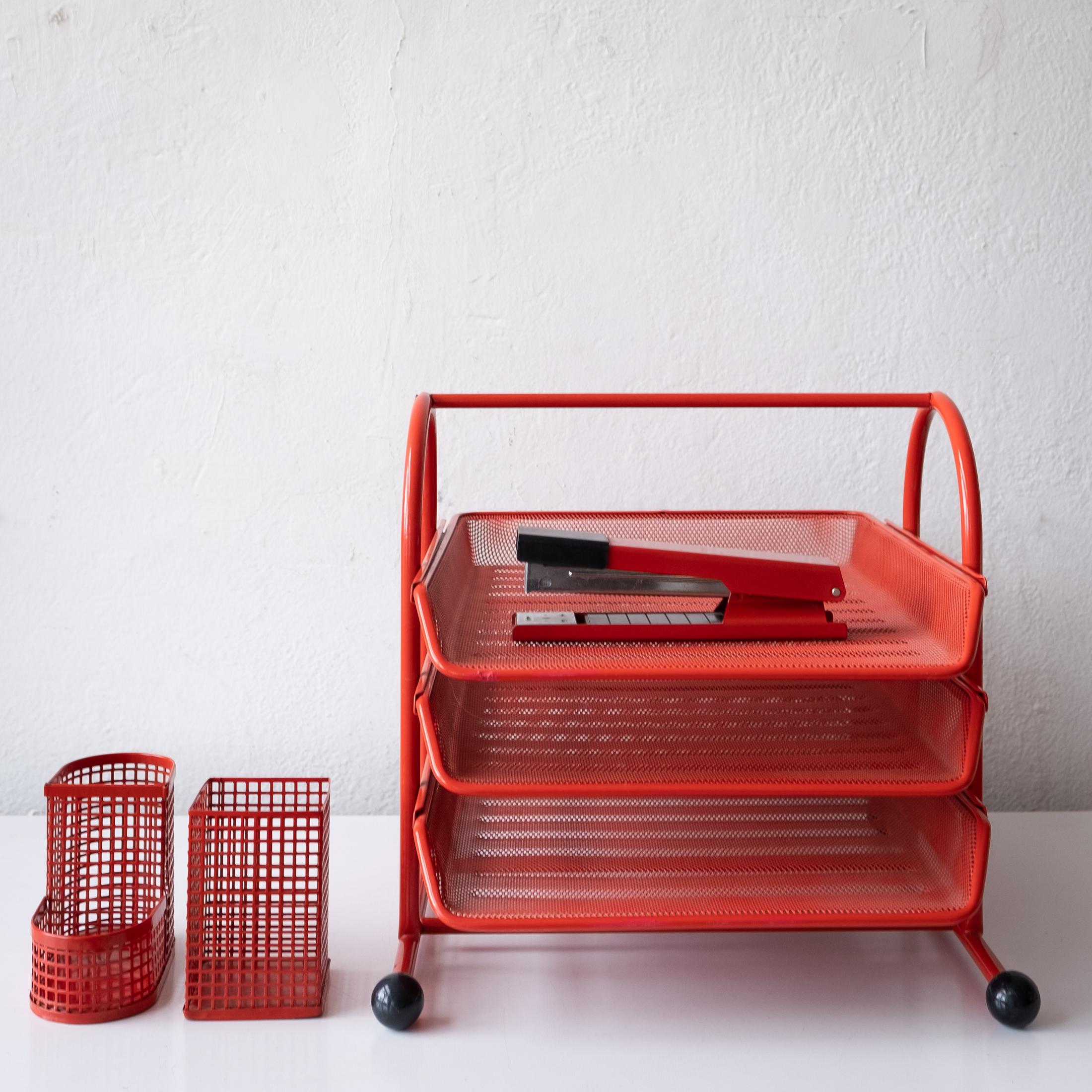 Postmodern Red Japanese Perforated Metal Letter Tray Desk Set 1980s 12