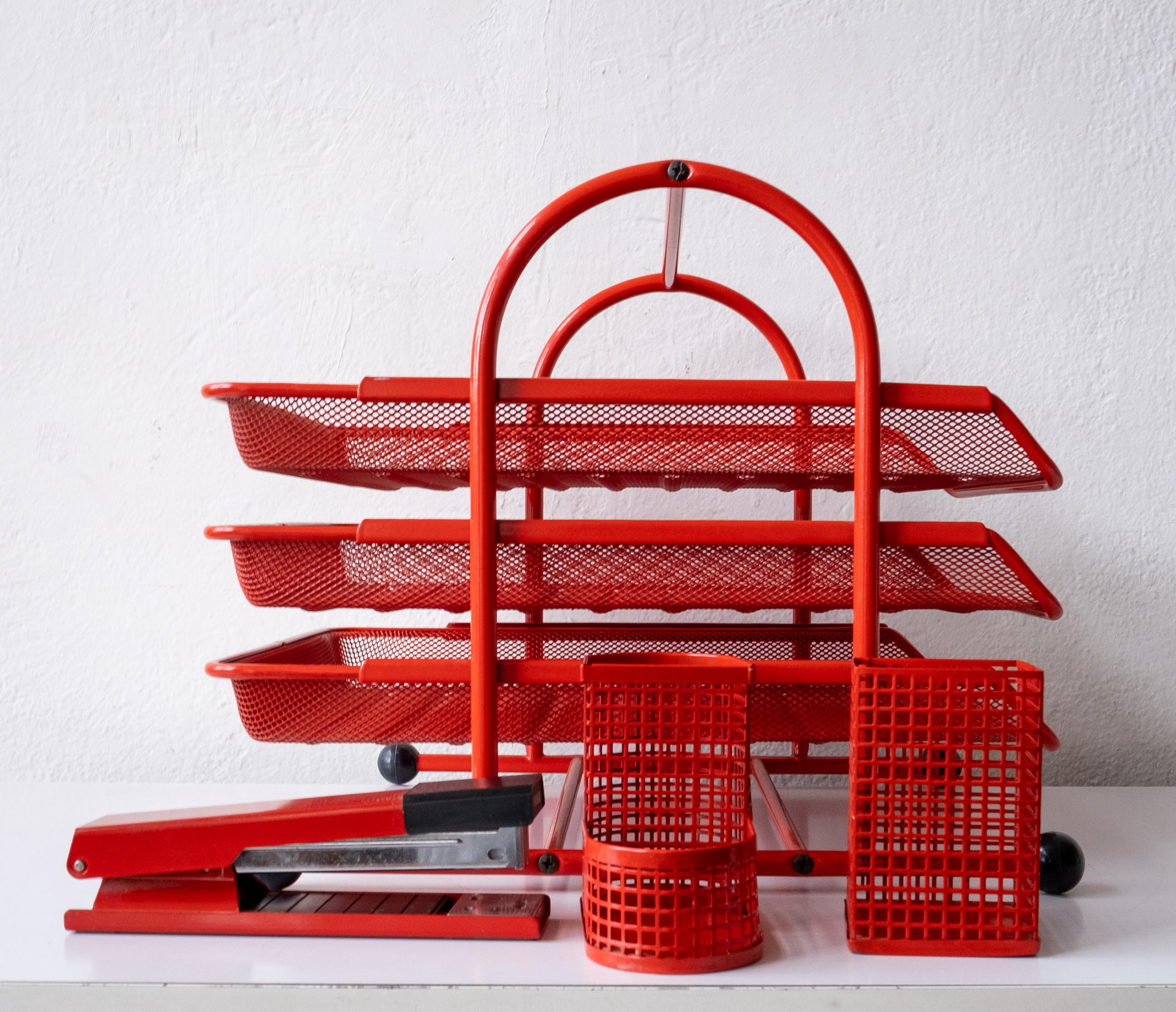 Post-Modern Postmodern Red Japanese Perforated Metal Letter Tray Desk Set 1980s
