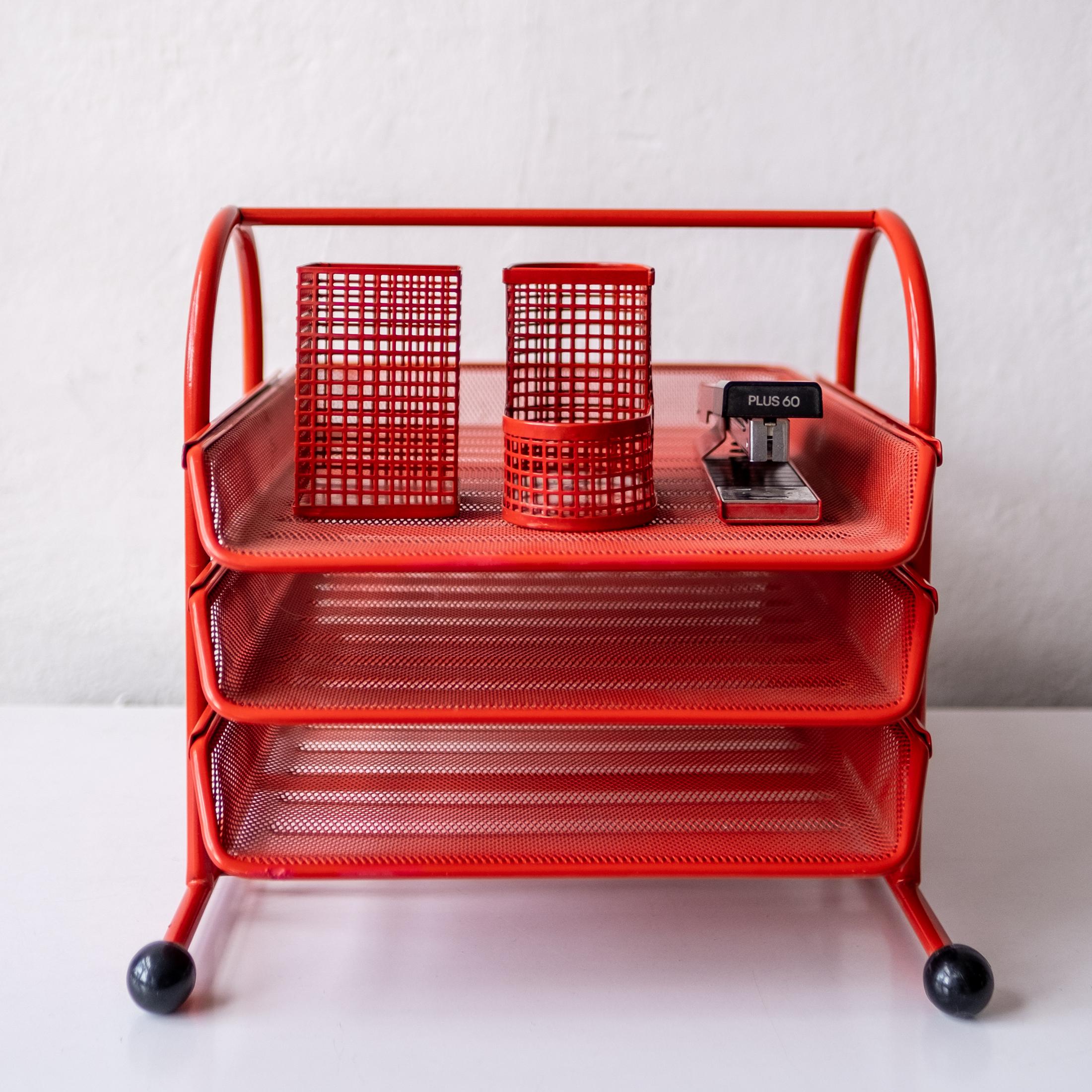 Postmodern Red Japanese Perforated Metal Letter Tray Desk Set 1980s In Good Condition In San Diego, CA