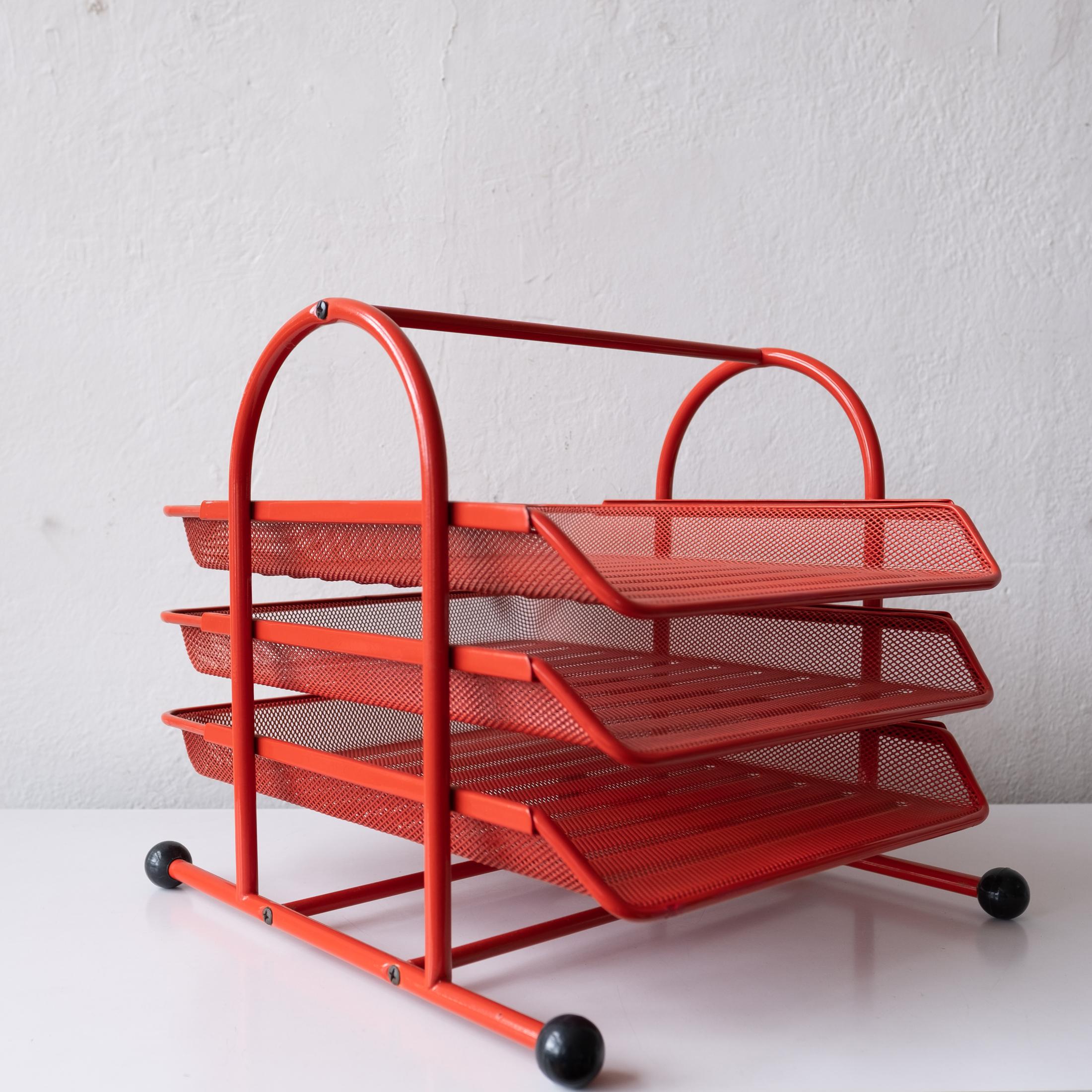 Postmodern Red Japanese Perforated Metal Letter Tray Desk Set 1980s 1