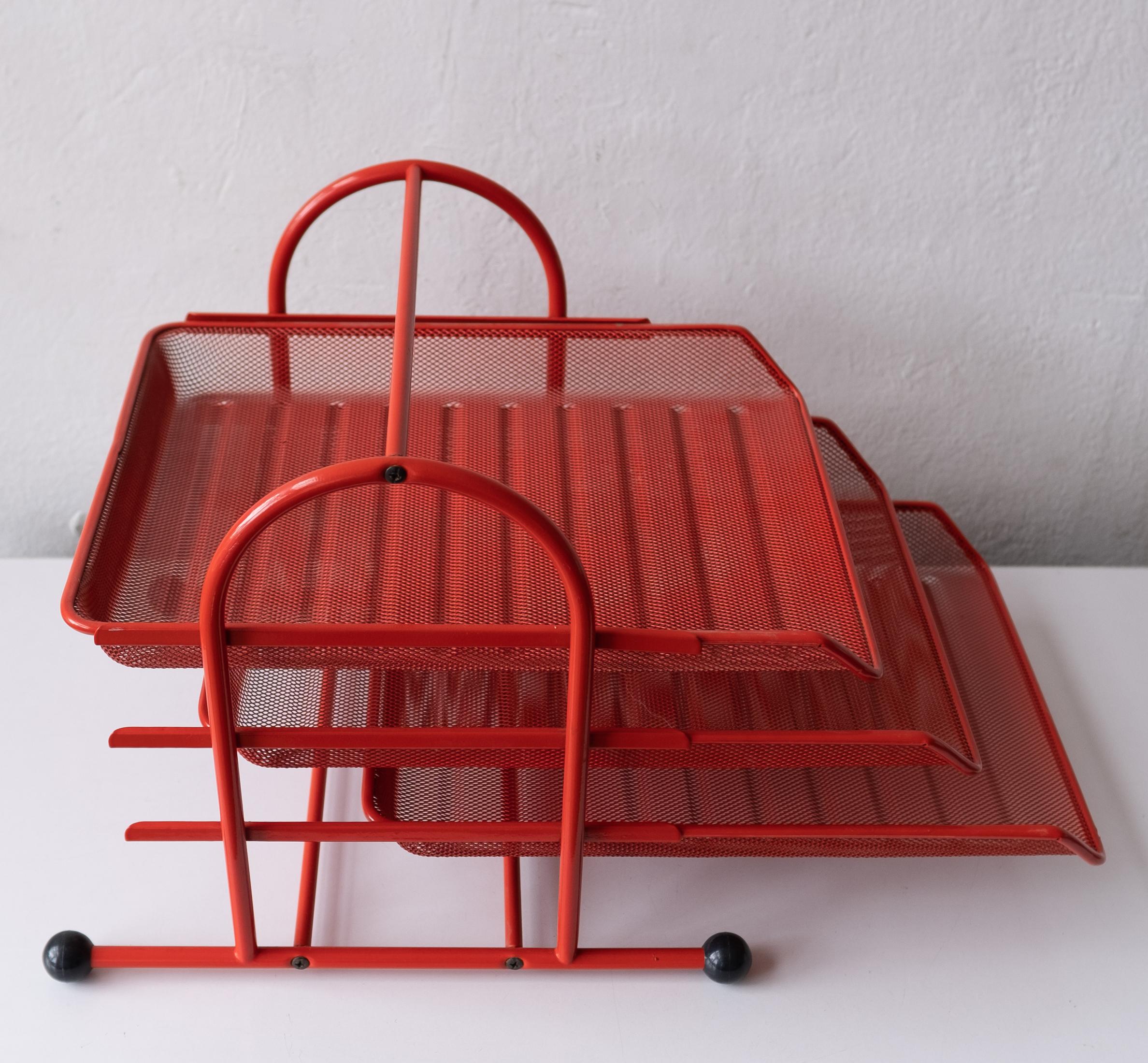 Postmodern Red Japanese Perforated Metal Letter Tray Desk Set 1980s 3