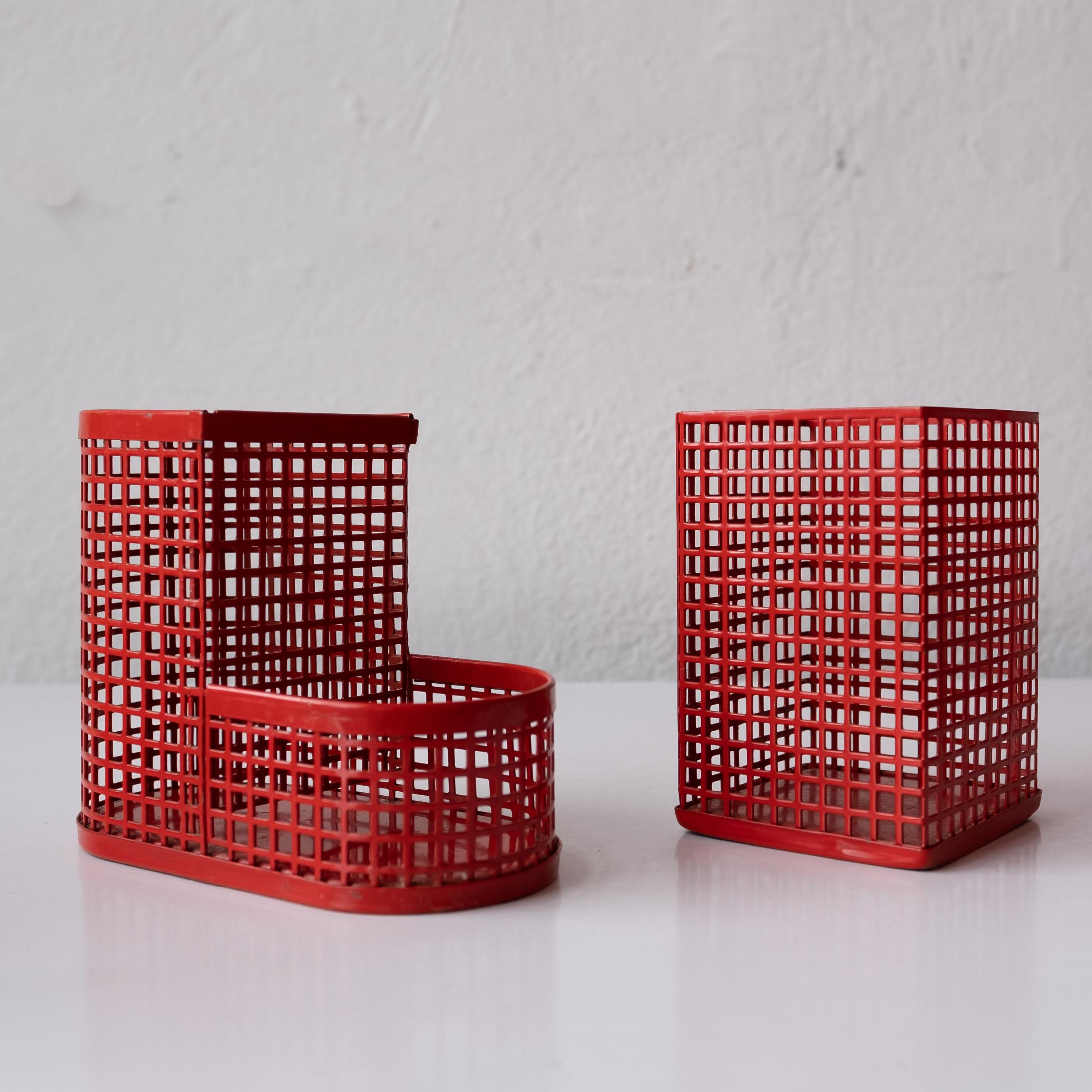 Postmodern Red Japanese Perforated Metal Letter Tray Desk Set 1980s 4