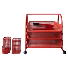 Postmodern Red Japanese Perforated Metal Letter Tray Desk Set 1980s