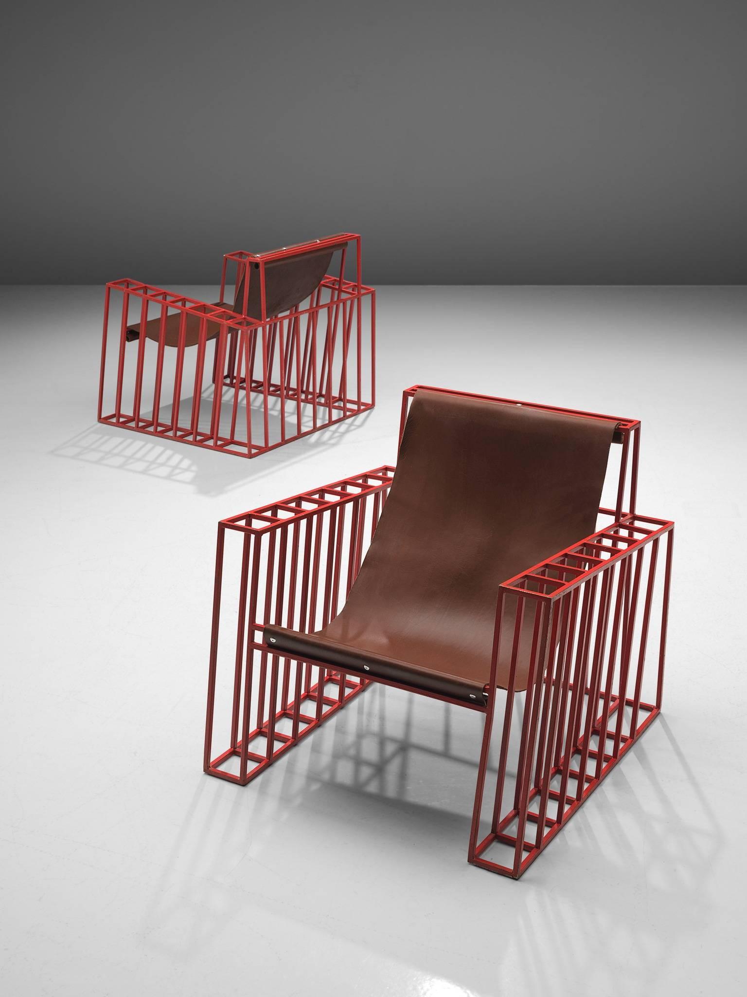 Lounge chairs, leather and red coated metal, 1970s, Europe.

These incredibly sculptural chairs are rare and sculptural. They are the pinnacle of extravagance subjective design from the 1970s in Europe. The red frame is created as a basket with