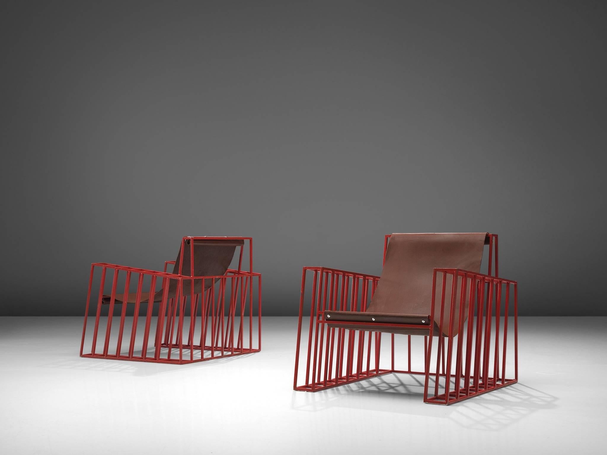 Modern Postmodern Red Lounge Chairs in Cognac Leather