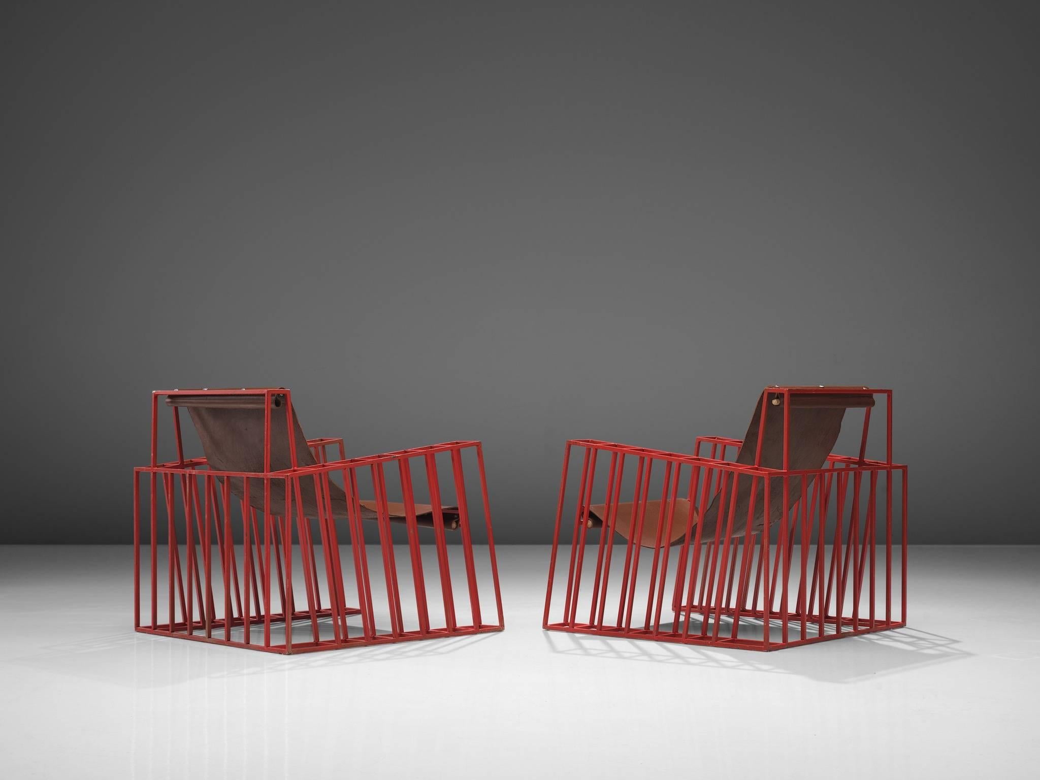European Postmodern Red Lounge Chairs in Cognac Leather