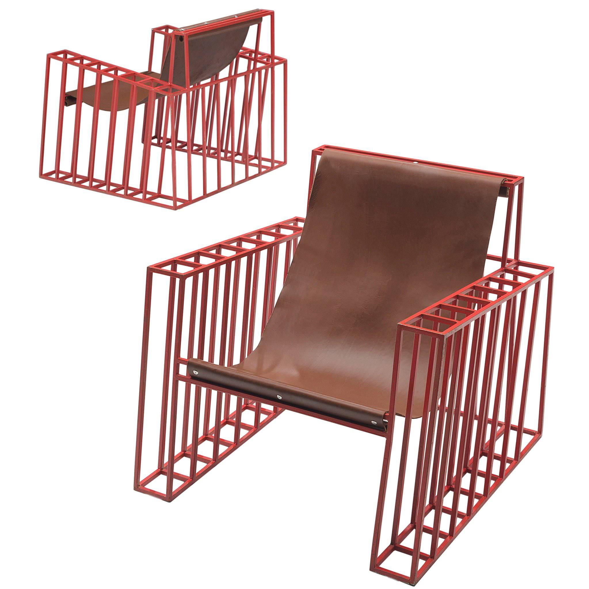 Postmodern Red Lounge Chairs in Cognac Leather