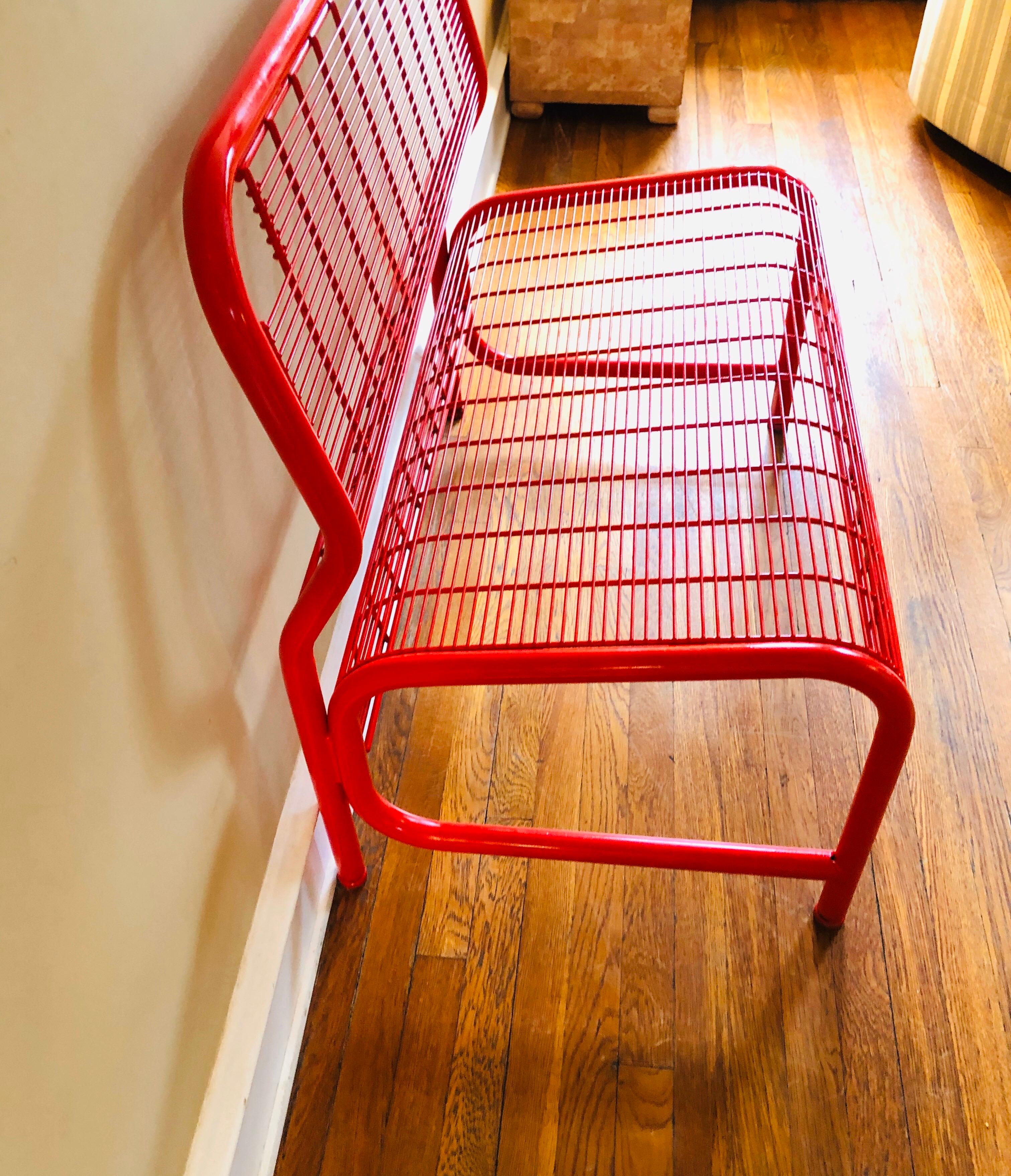 Fantastic pop of color in this Postmodern bench. Red high-gloss enamel freshly updated.