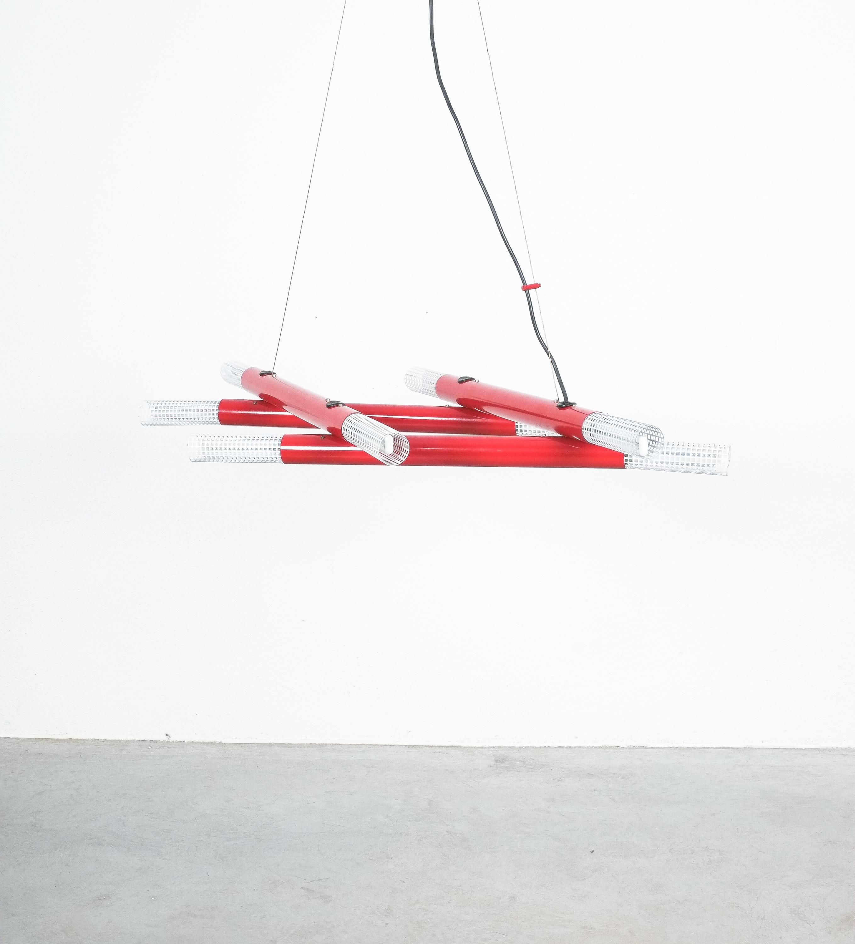 Postmodern Red Tube Metal Atomic Chandelier, circa 1980 For Sale 4