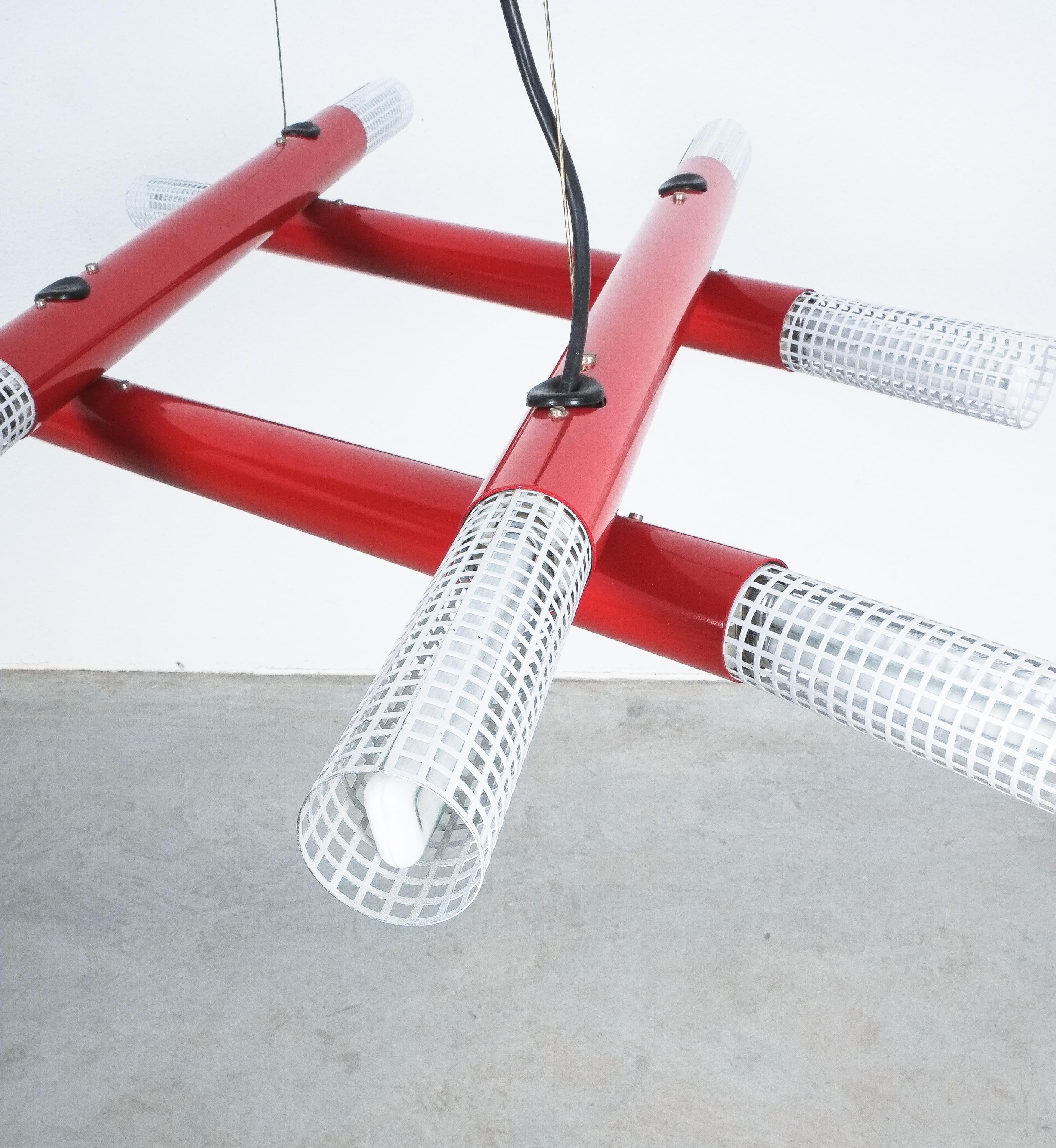 Postmodern Red Tube Metal Atomic Chandelier, circa 1980 For Sale 6