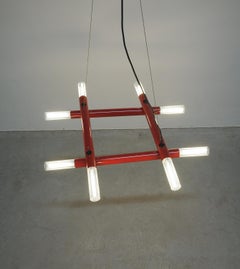 Postmodern Red Tube Metal Atomic Chandelier, circa 1980