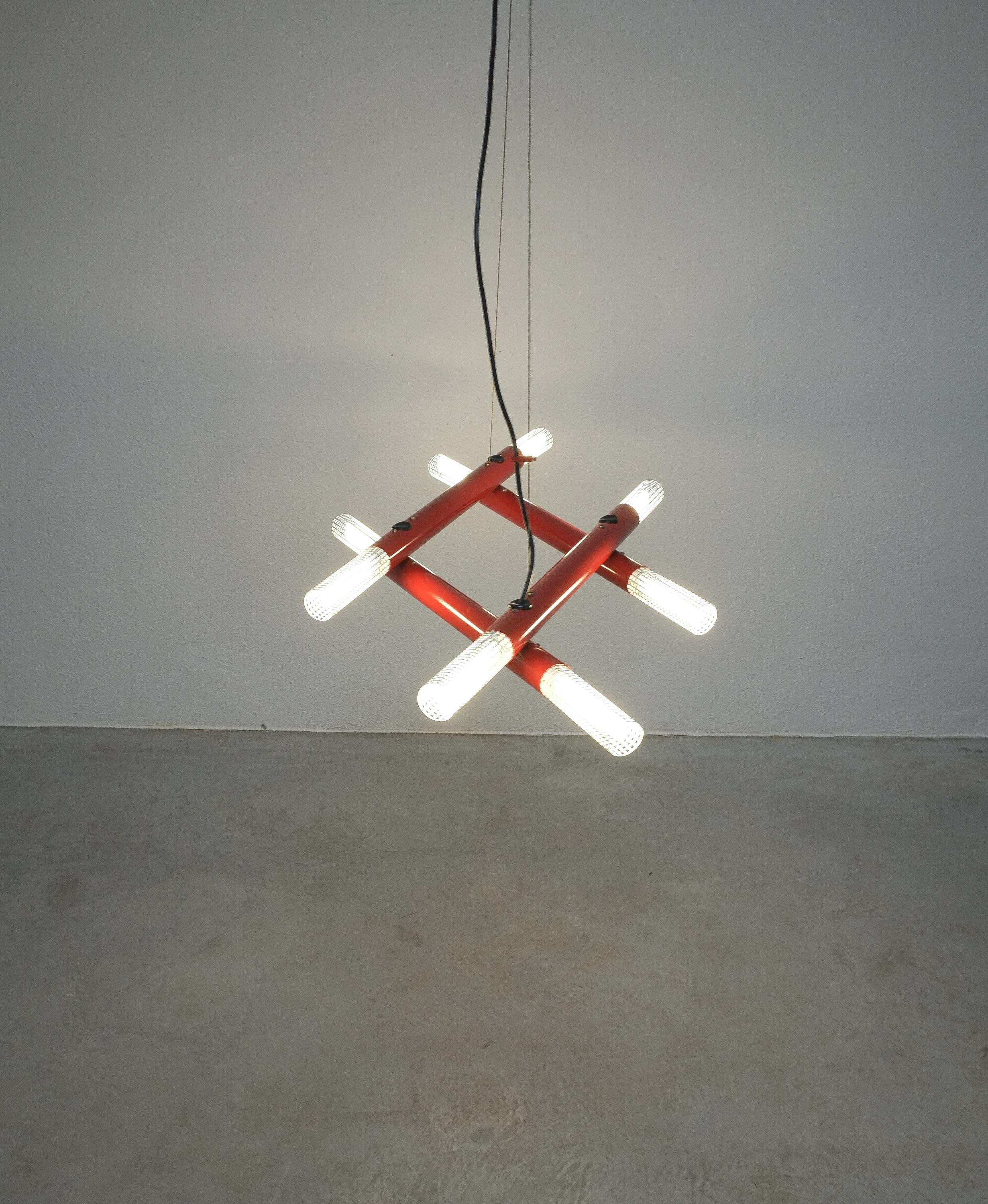 Italian Postmodern Red Tube Metal Atomic Chandelier, circa 1980 For Sale