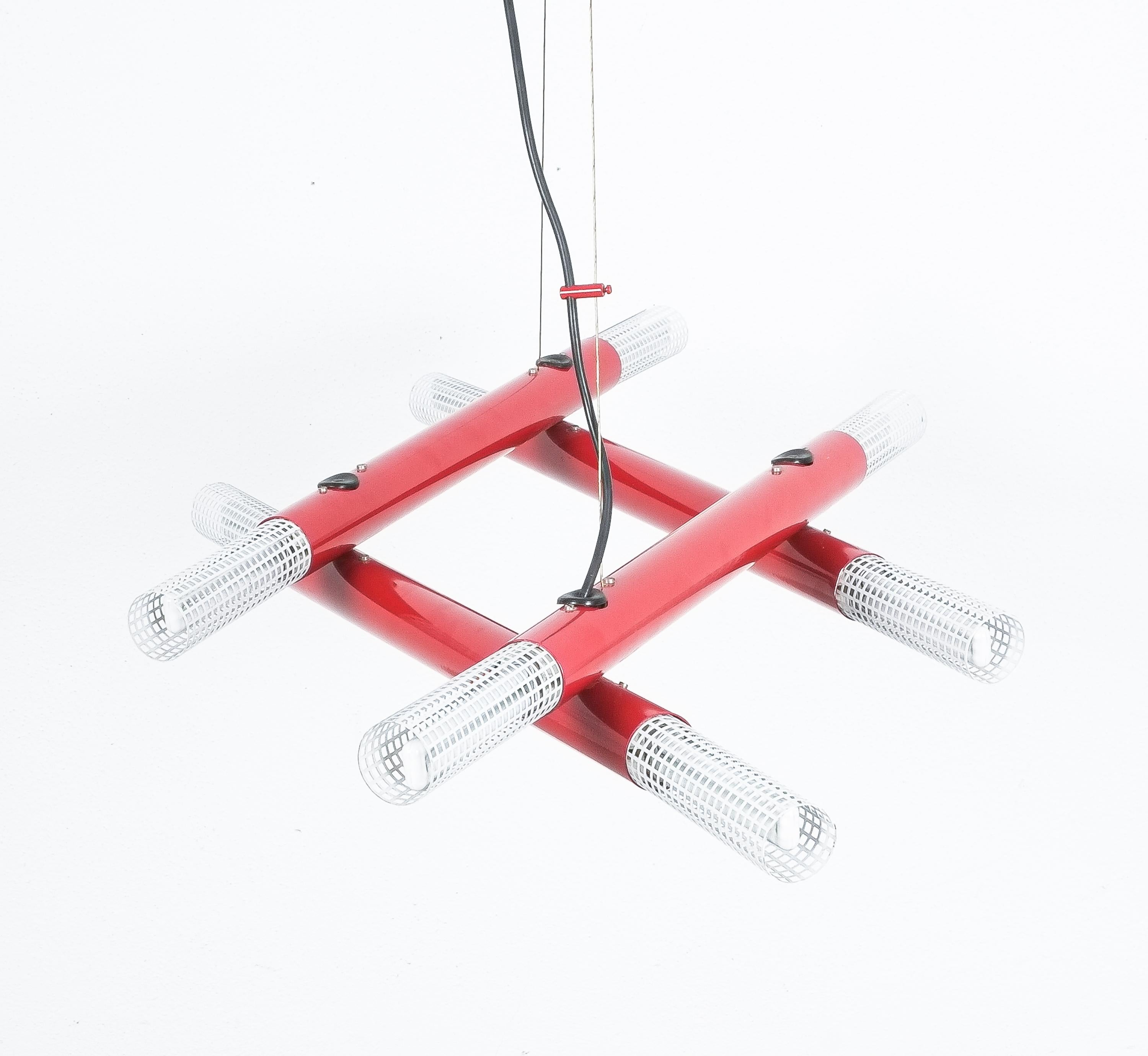 Lacquered Postmodern Red Tube Metal Atomic Chandelier, circa 1980 For Sale