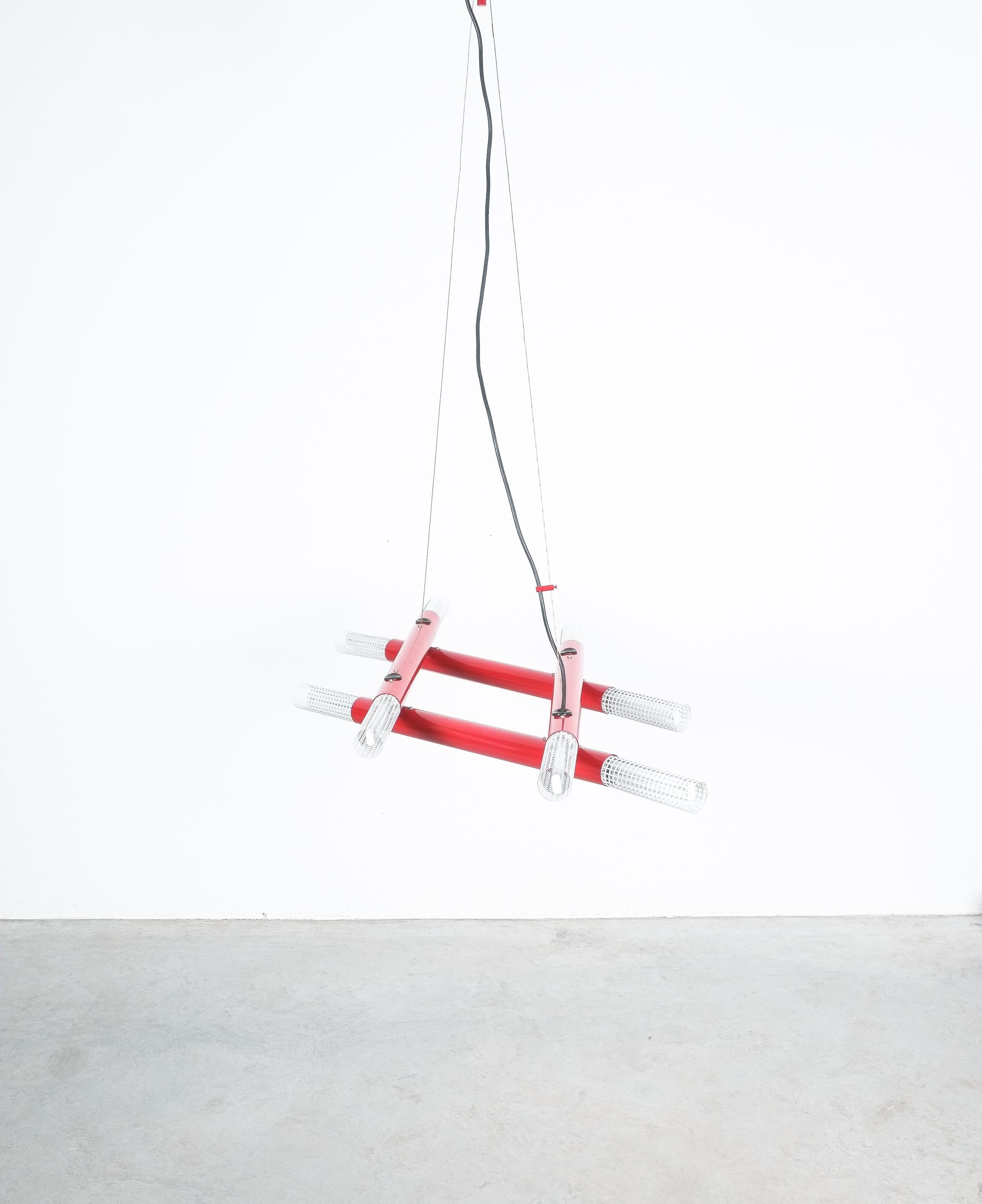 Late 20th Century Postmodern Red Tube Metal Atomic Chandelier, circa 1980 For Sale