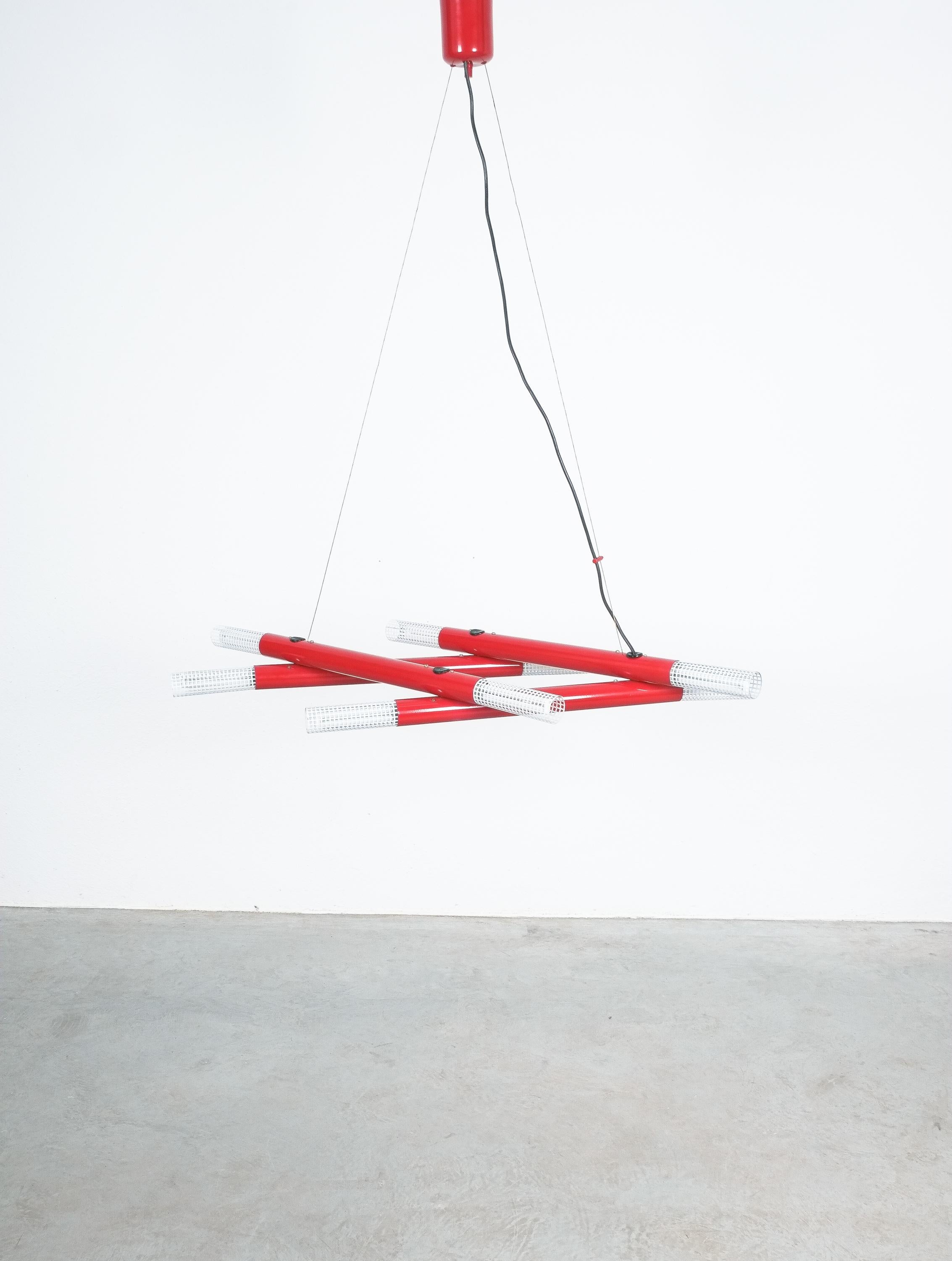 Steel Postmodern Red Tube Metal Atomic Chandelier, circa 1980 For Sale