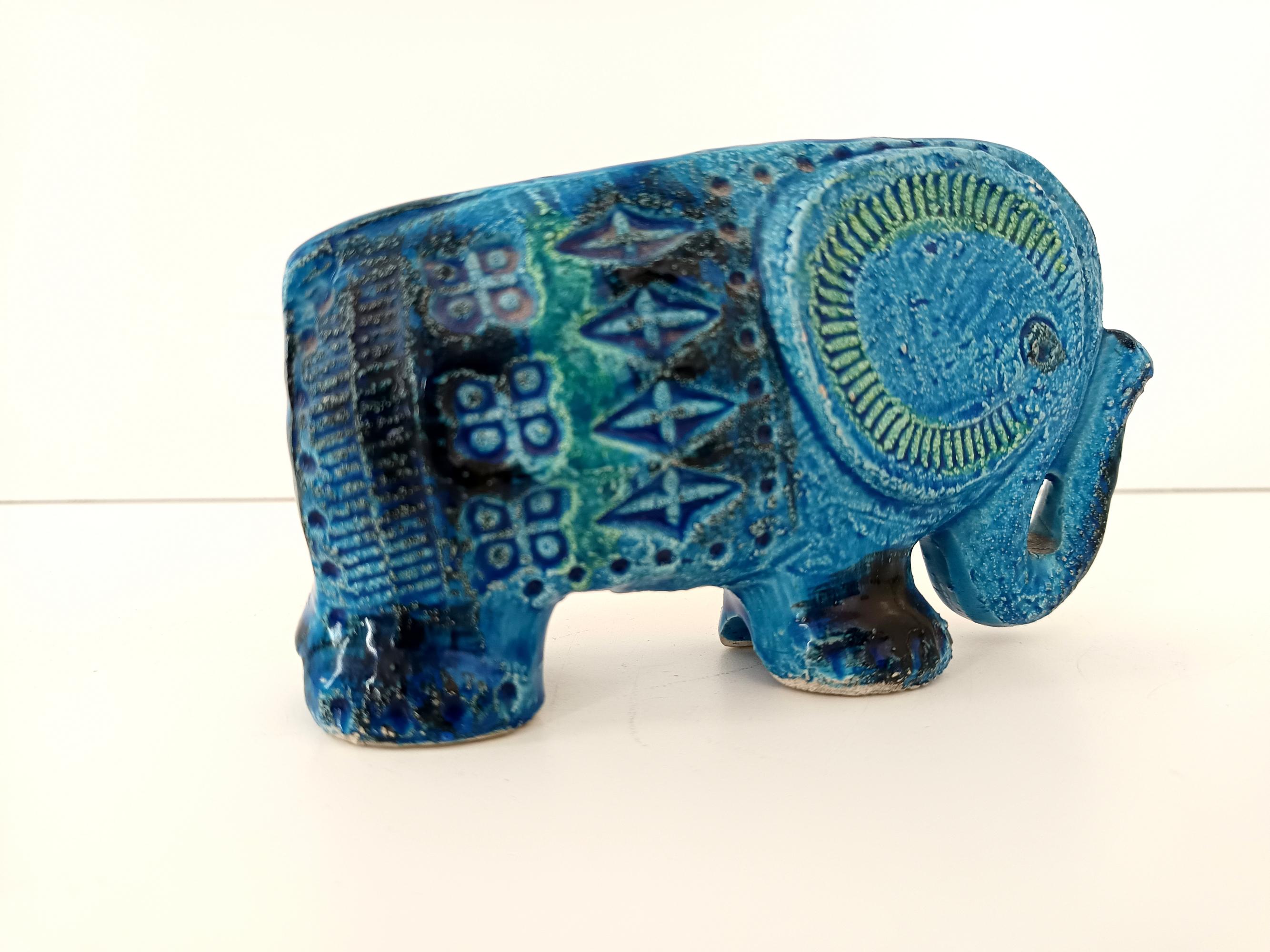 italien Éléphant postmoderne en céramique bleue Rimini d'Aldo Londi pour Bitossi, Italie