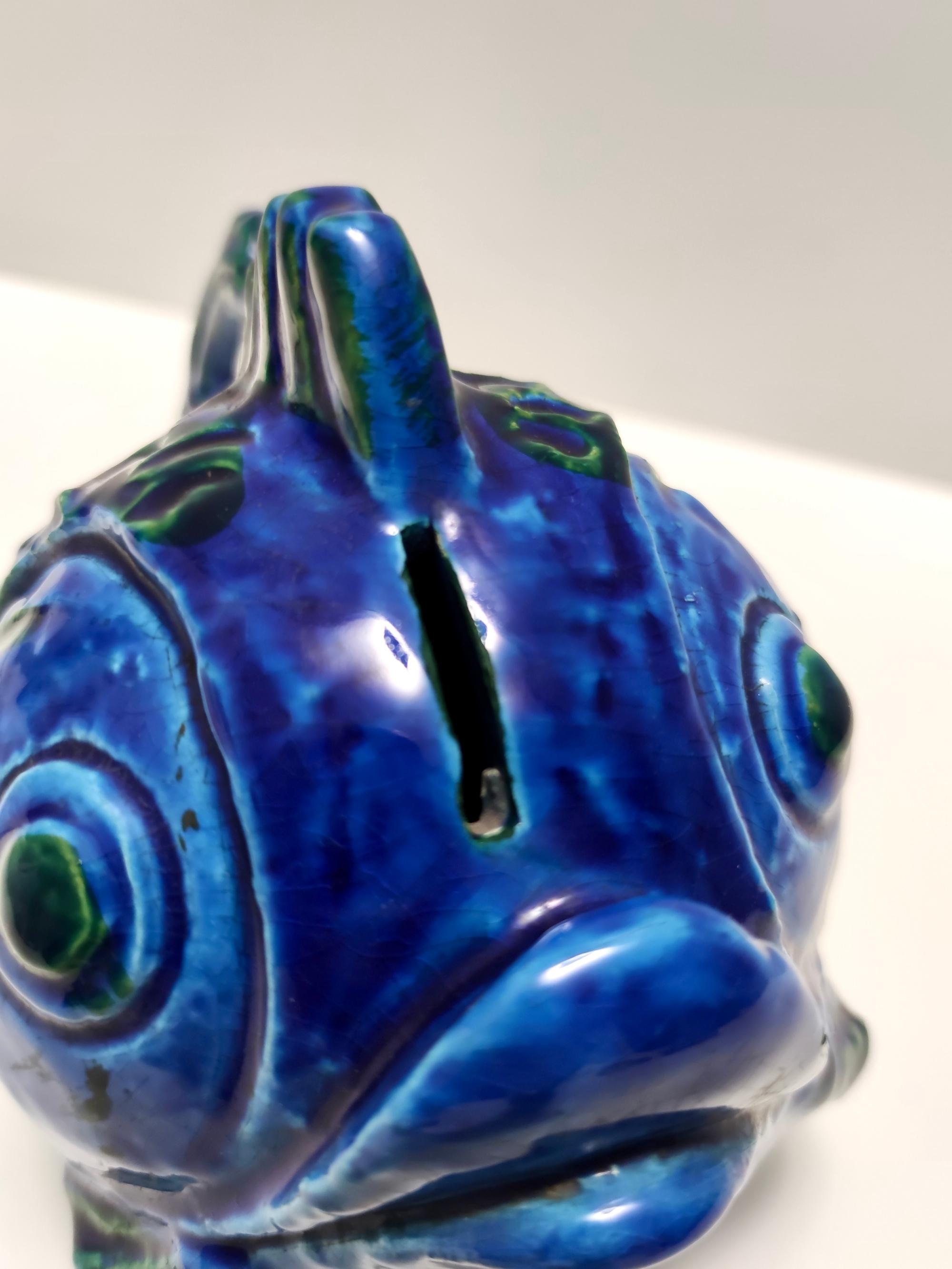 Postmodern Rimini Blue Ceramic Fish Money Box by Bitossi, Italy For Sale 3