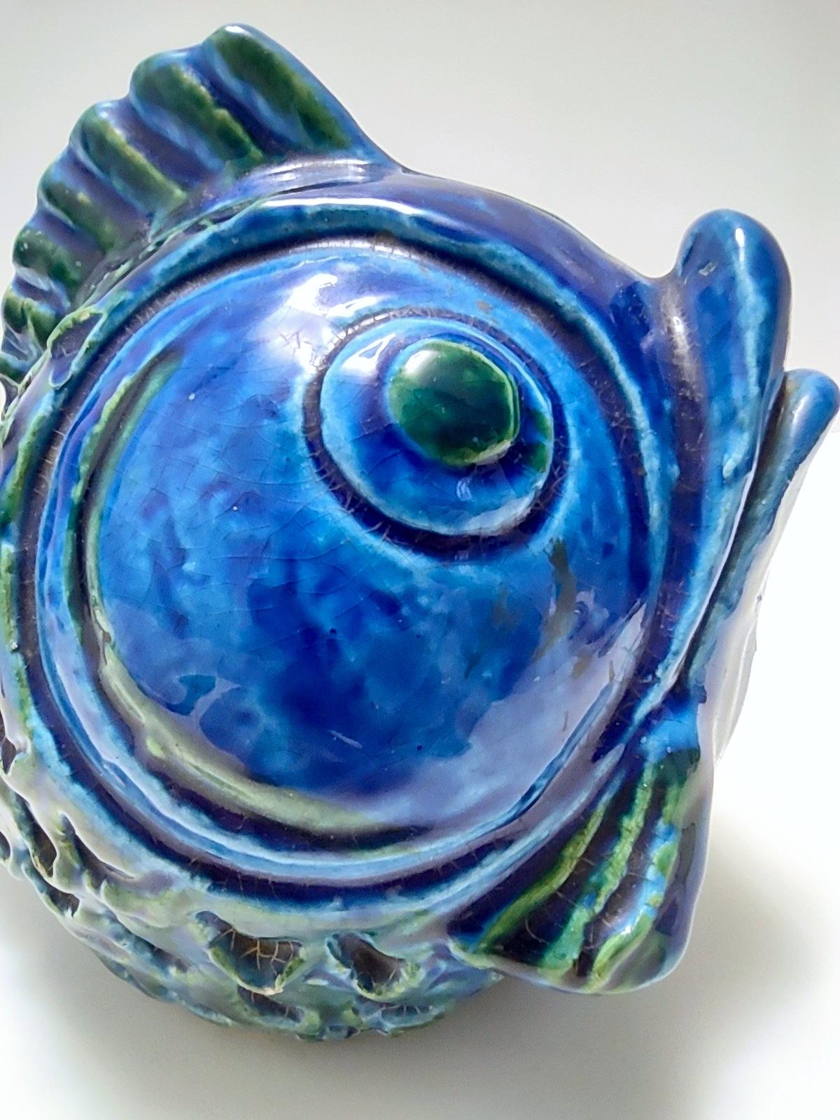 Postmoderne blaue Rimini-Fisch Geldschachtel aus Keramik von Bitossi, Italien im Angebot 7