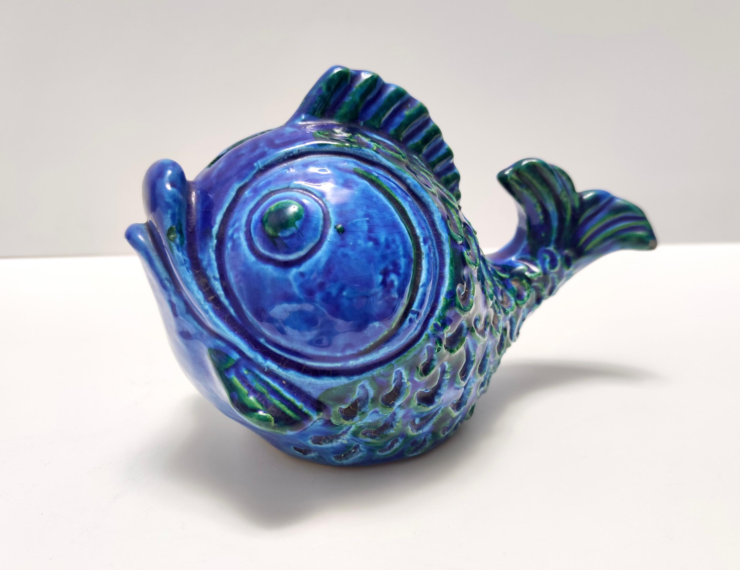 Postmoderne blaue Rimini-Fisch Geldschachtel aus Keramik von Bitossi, Italien im Zustand „Hervorragend“ im Angebot in Bresso, Lombardy