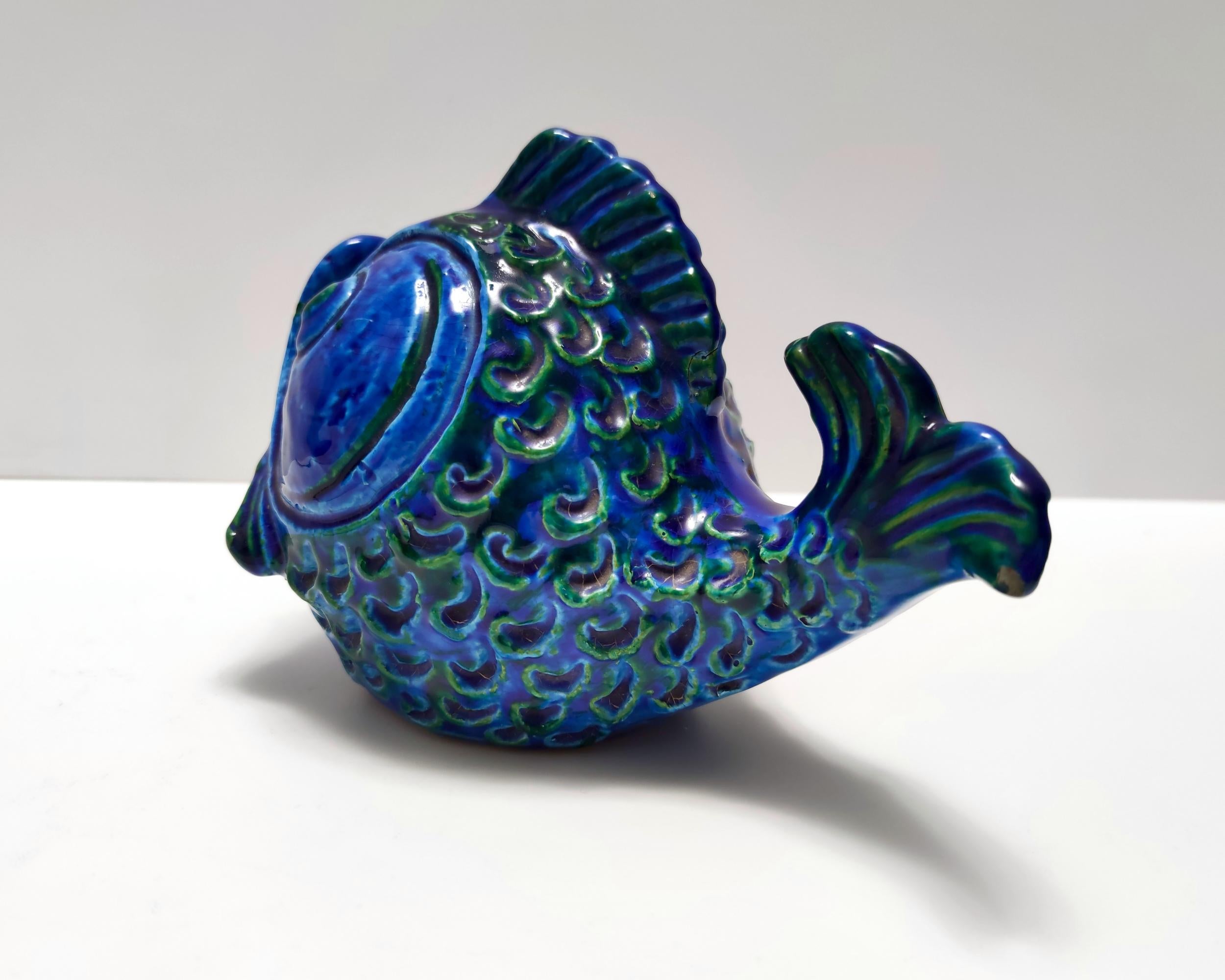 Postmoderne blaue Rimini-Fisch Geldschachtel aus Keramik von Bitossi, Italien (Ende des 20. Jahrhunderts) im Angebot