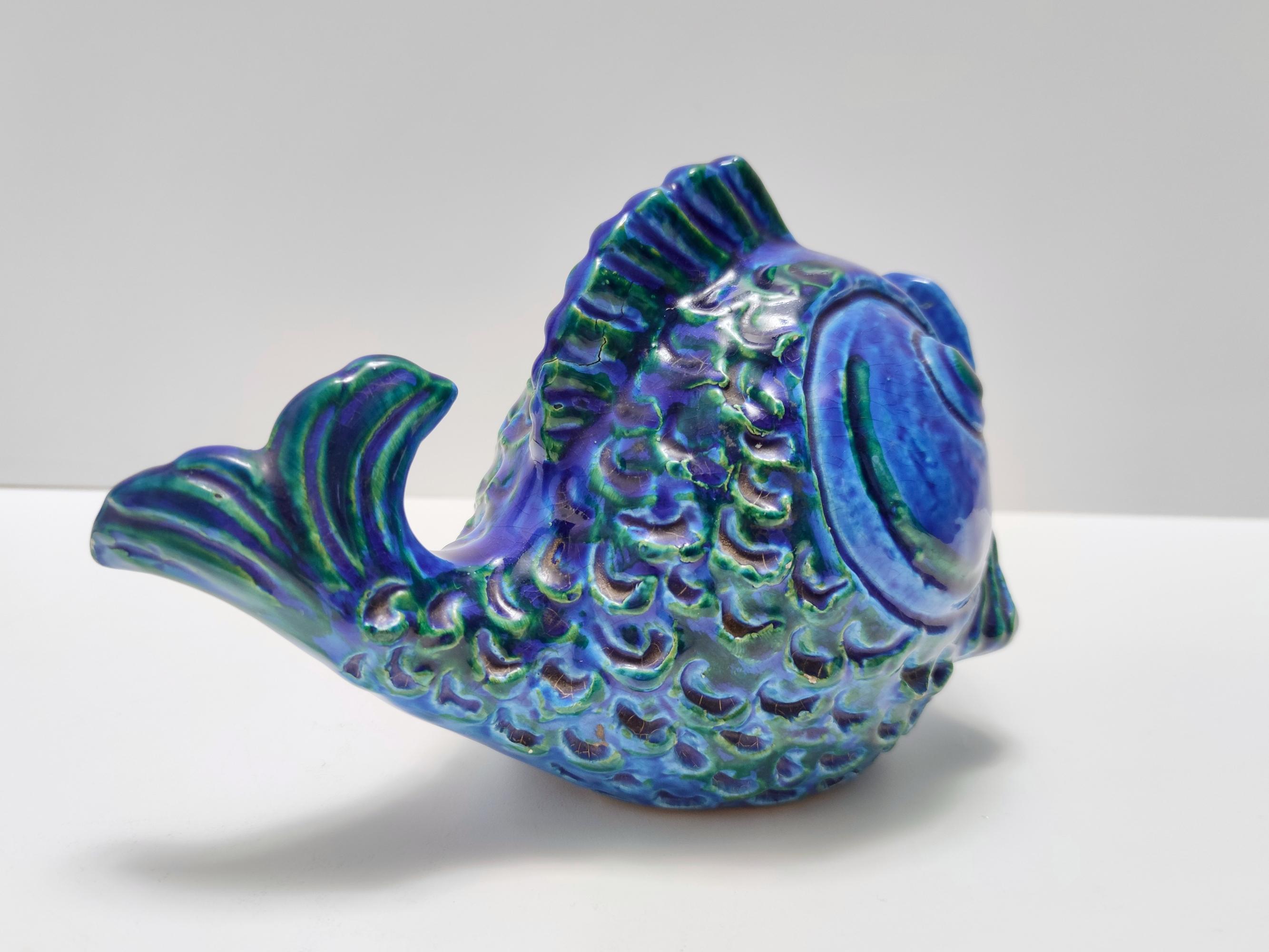Postmoderne blaue Rimini-Fisch Geldschachtel aus Keramik von Bitossi, Italien im Angebot 2