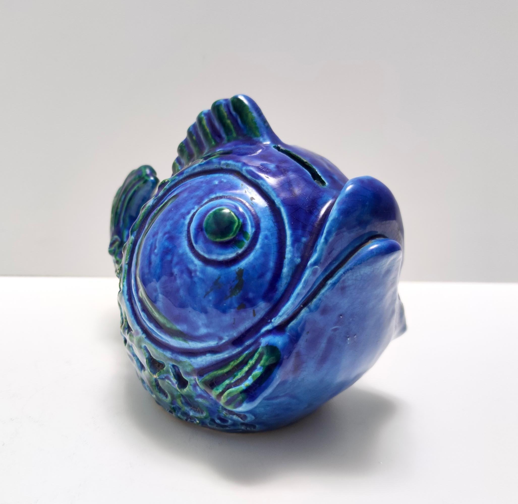 Postmoderne blaue Rimini-Fisch Geldschachtel aus Keramik von Bitossi, Italien im Angebot 3