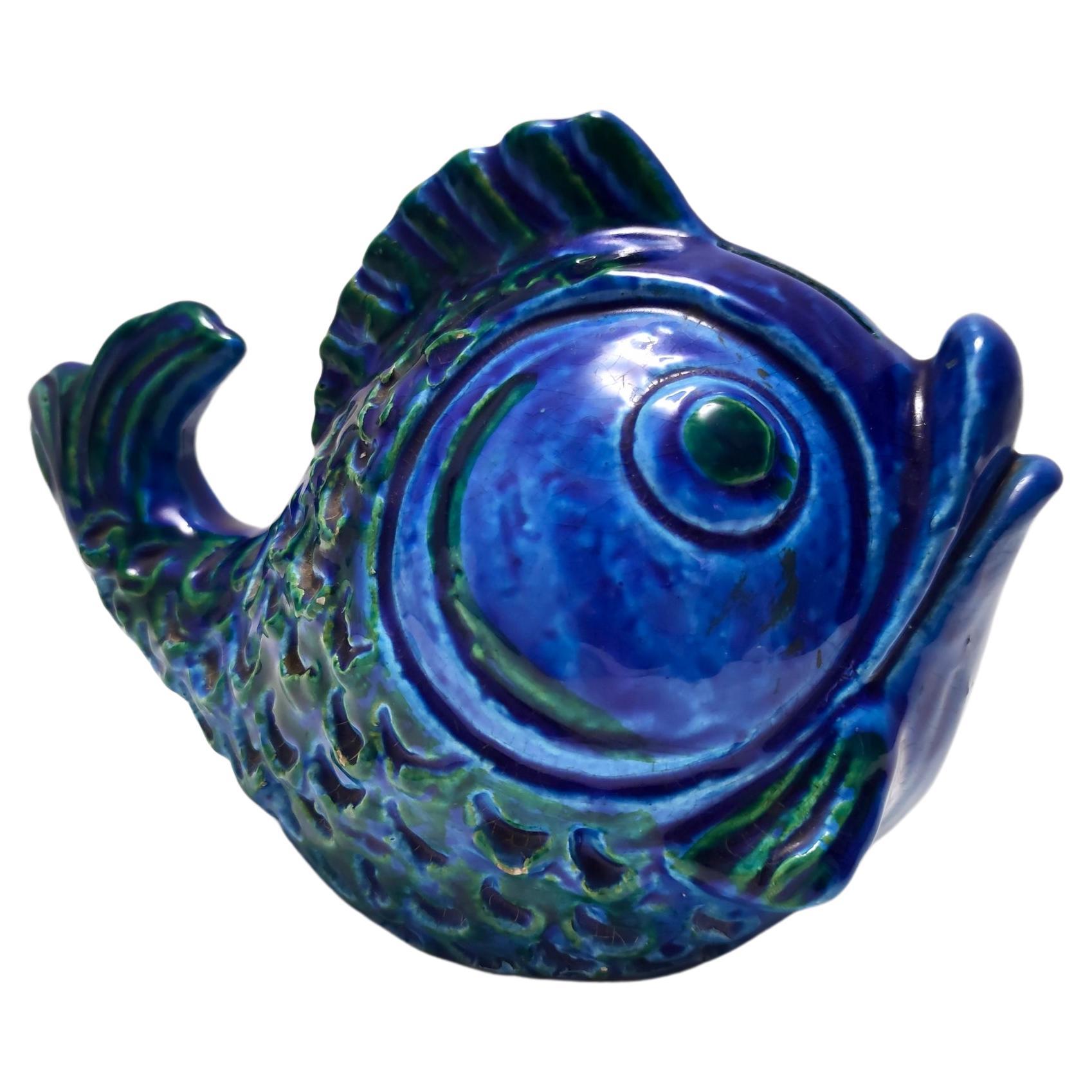 Postmodern Rimini Blue Ceramic Fish Money Box by Bitossi, Italy