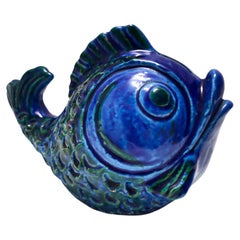 Postmoderne blaue Rimini-Fisch Geldschachtel aus Keramik von Bitossi, Italien