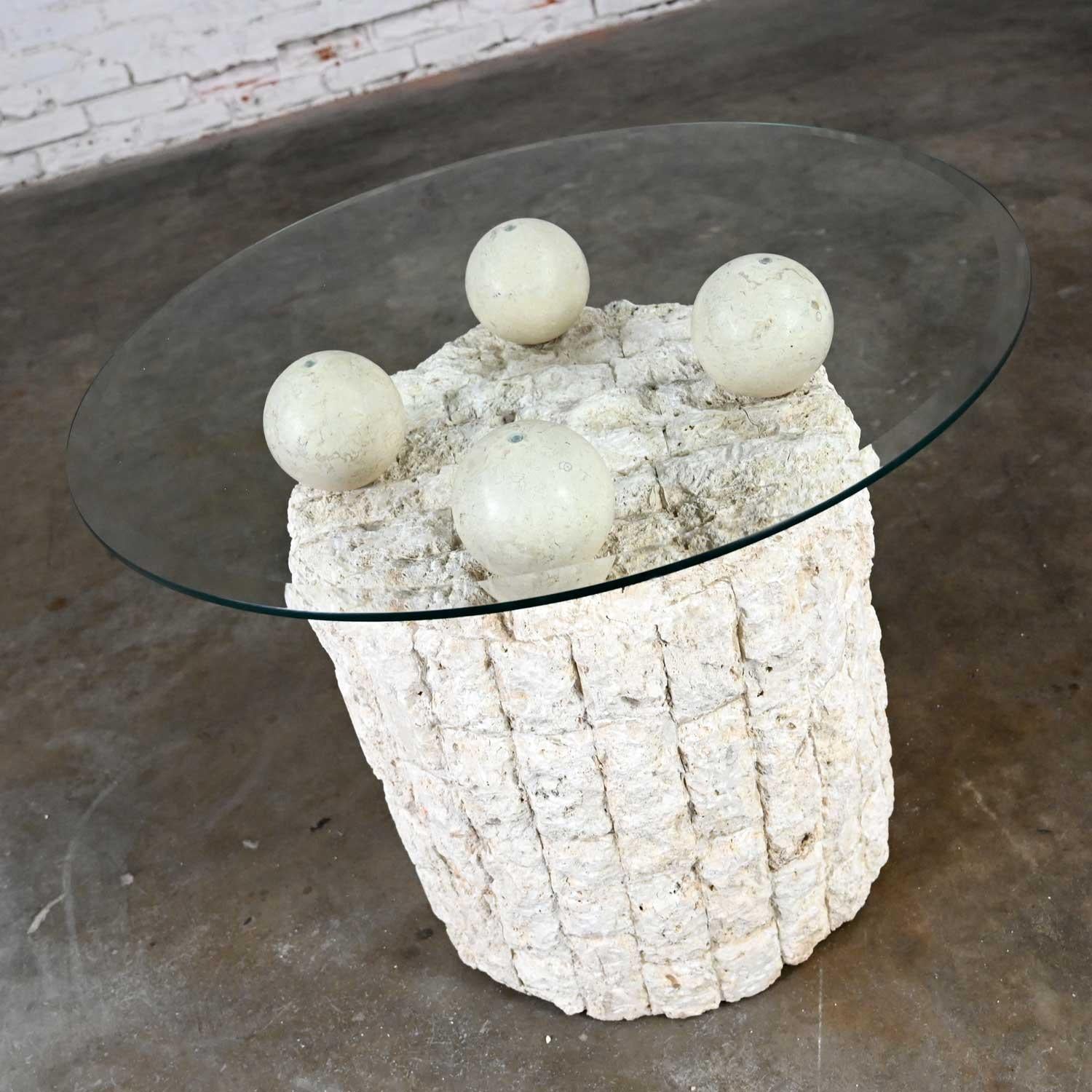 Philippine Postmodern Rnd Tessellated Mactan Stone Side Table 4 Sphere Style Maitland Smith For Sale
