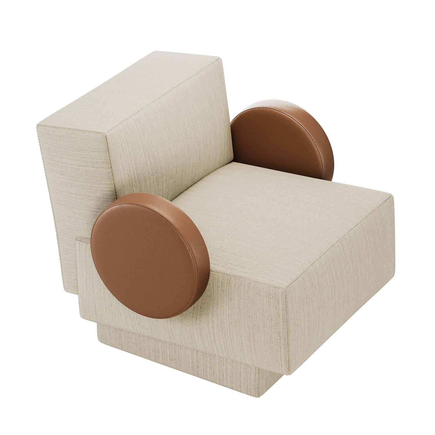 Sillón postmoderno Rondo de chenilla aterciopelada y piel de Mavo Atelier Portugués en venta