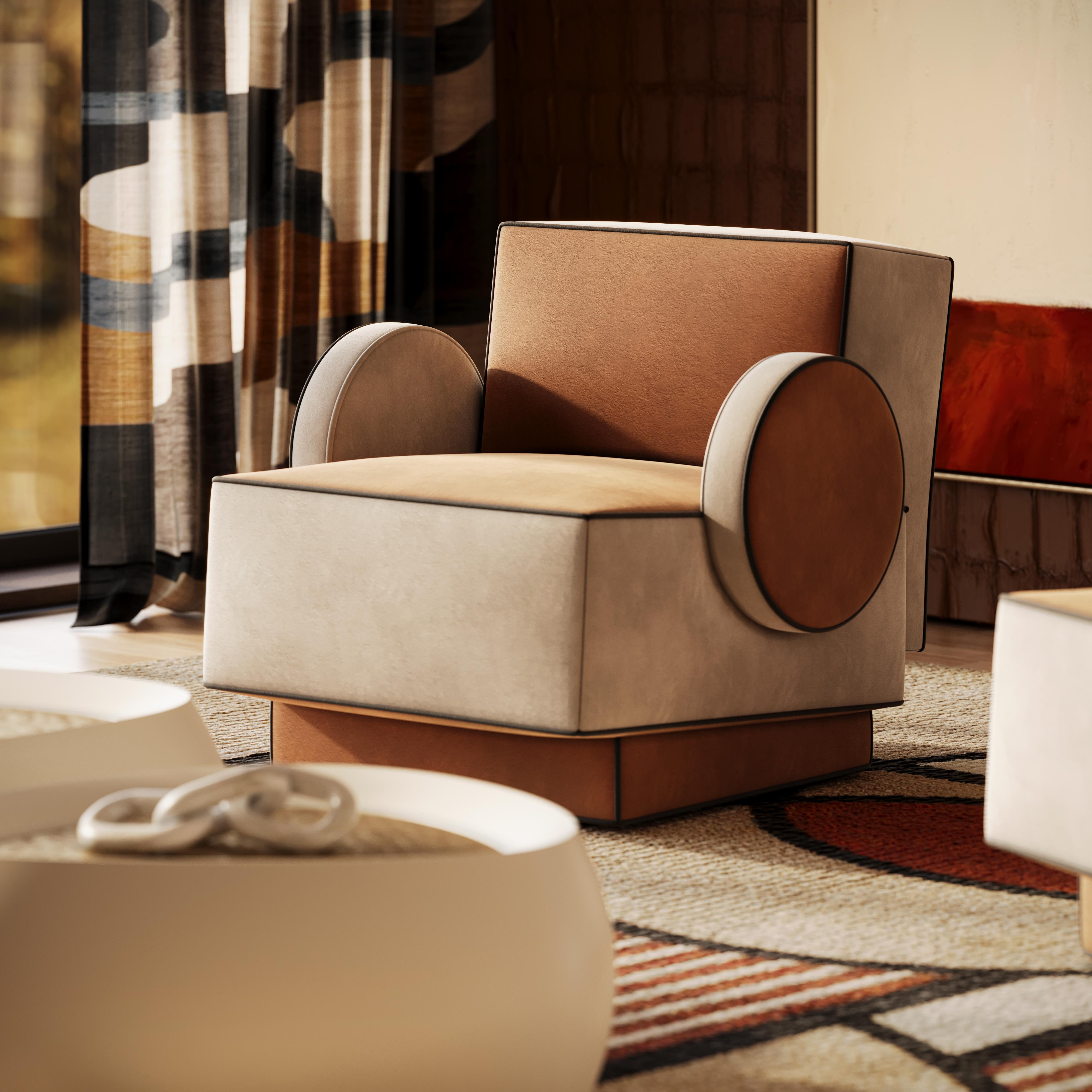 Sillón postmoderno Rondo de chenilla aterciopelada y piel de Mavo Atelier en venta 1