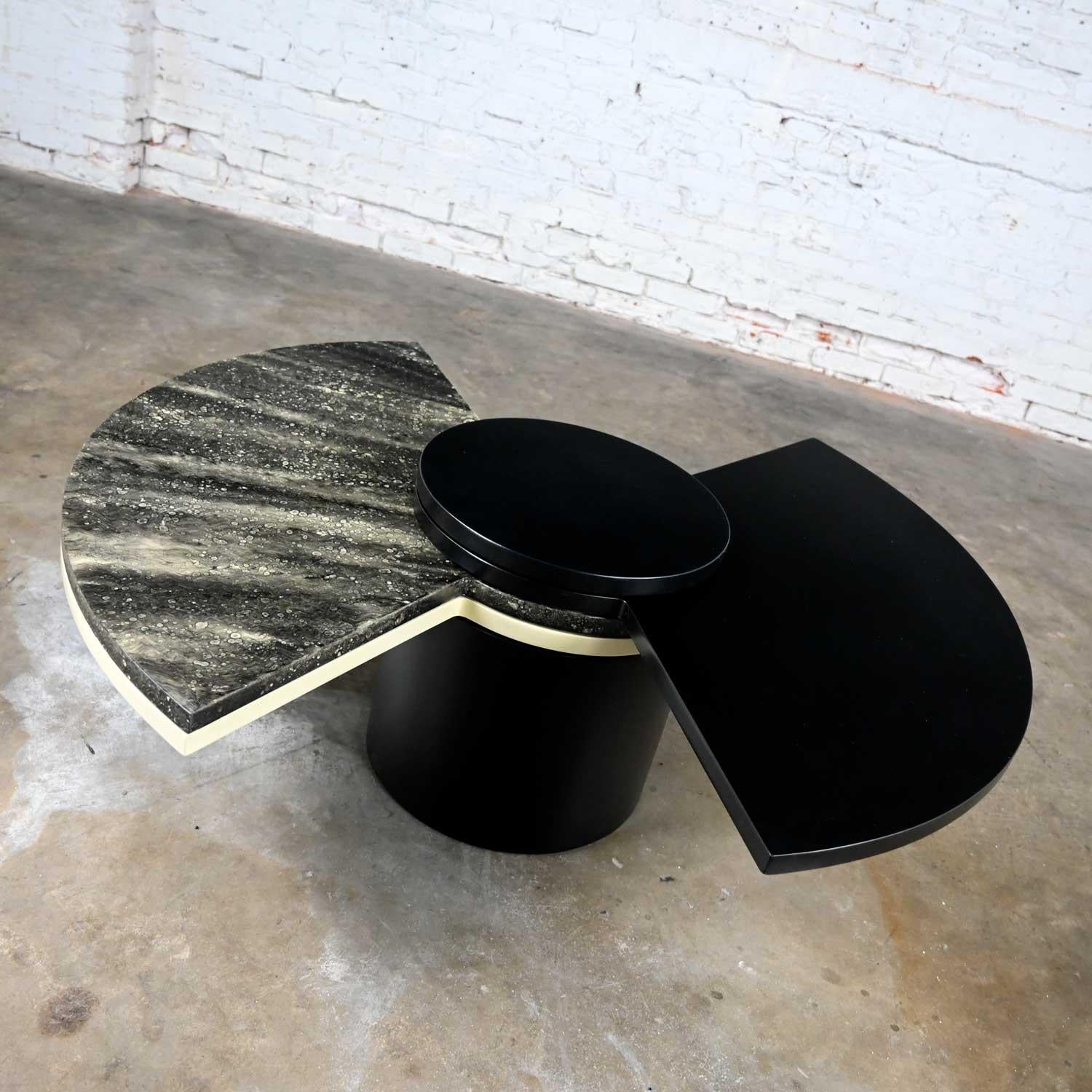 Unknown Postmodern Rotating Coffee Table Black White Faux Marble After Dakota Jackson For Sale
