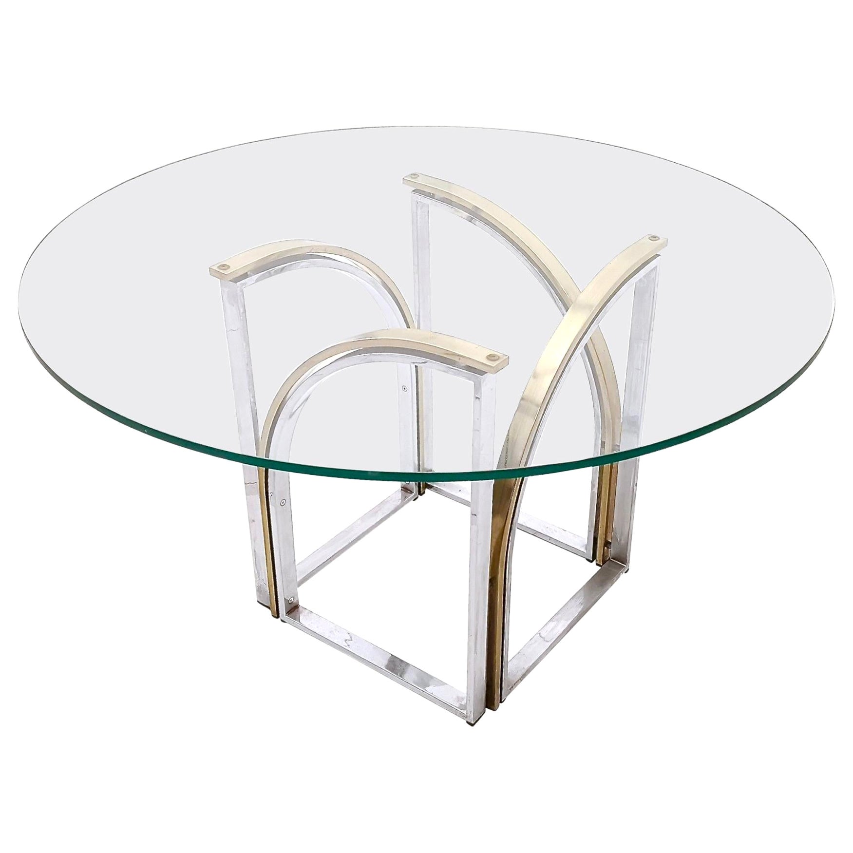 Postmodern Round Brass and Steel Dining Table by Romeo Rega with Glass Top