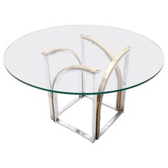 Postmodern Round Brass and Steel Dining Table by Romeo Rega with Glass Top