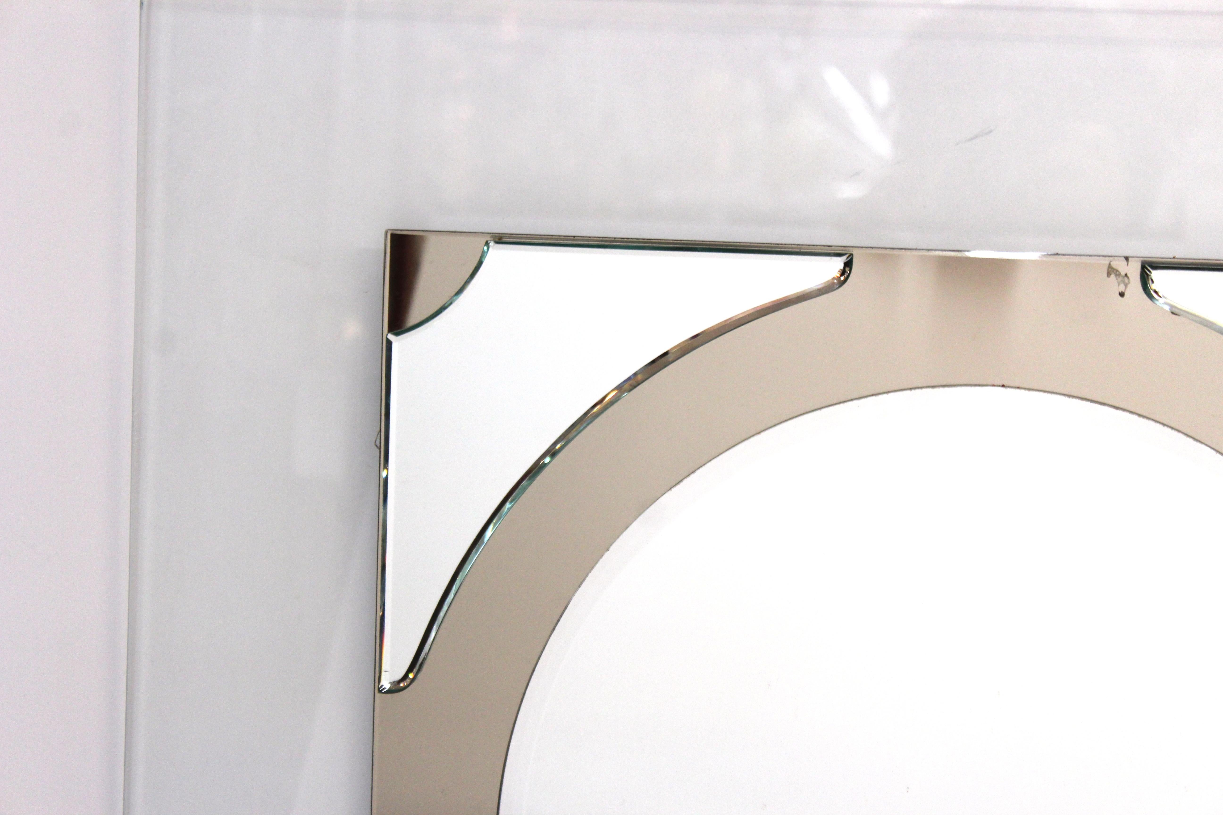 Late 20th Century Postmodern Round Mirror on Rectangular Glass Frame For Sale